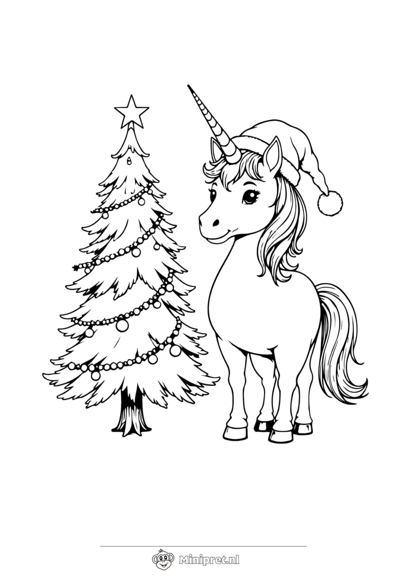 Eenhoorn bij de Kerstboom kleurplaat — gratis kleurplaat