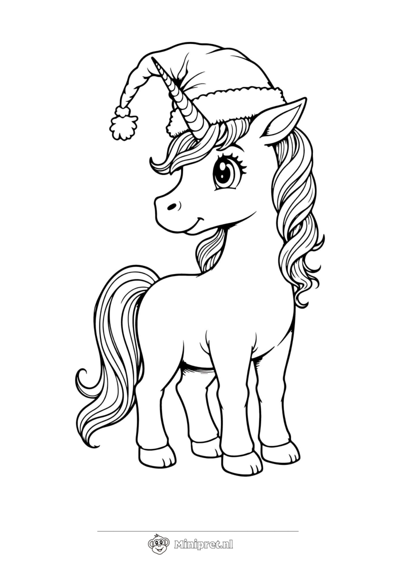 Eenhoorn met Kerstmuts kleurplaat — gratis kleurplaat