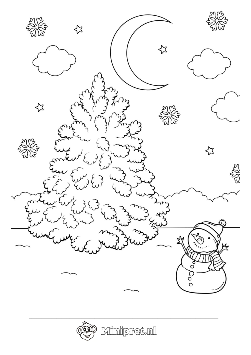 Kerstboom met Sneeuwpop kleurplaat — gratis kleurplaat