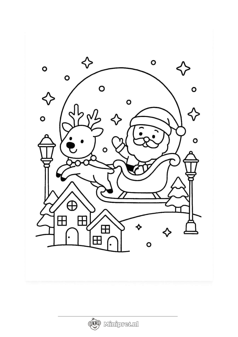 Kerstman in de Slee kleurplaat — gratis kleurplaat