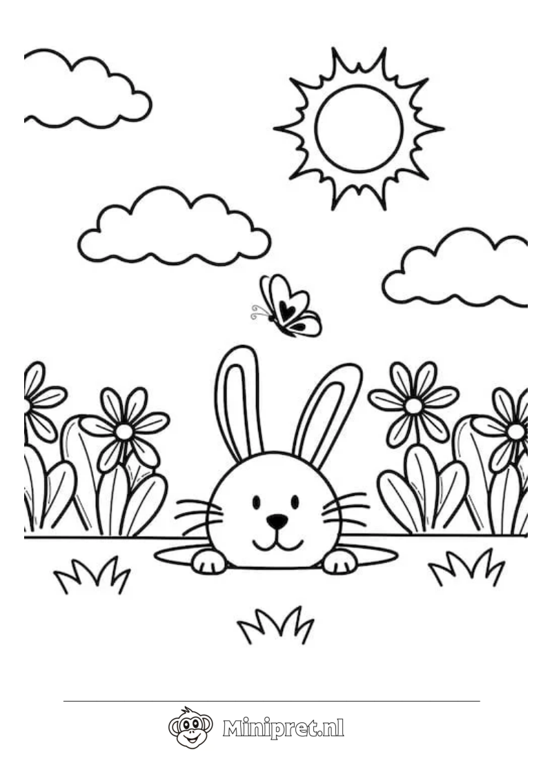 Konijn in de Bloemen kleurplaat — gratis kleurplaat