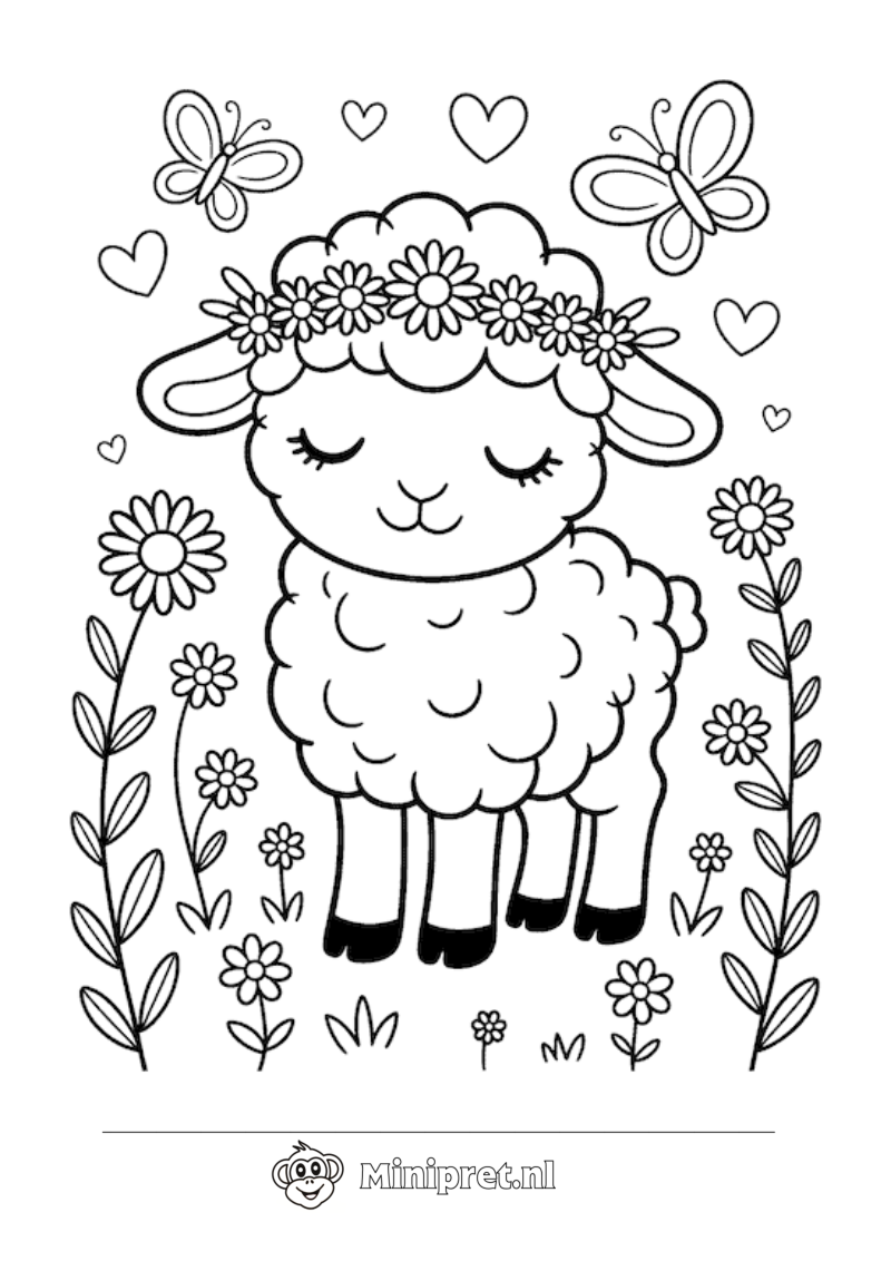 Lam met Bloemenkrans kleurplaat — gratis kleurplaat