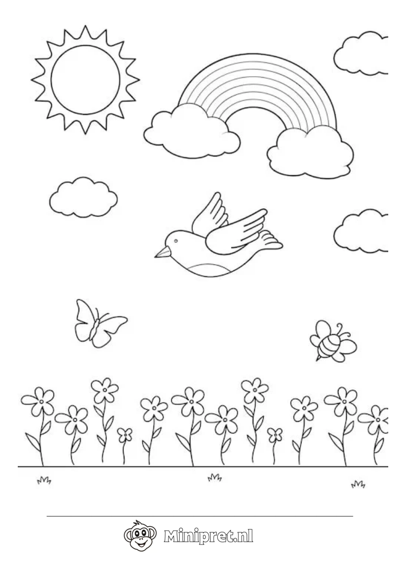 Lente met Regenboog kleurplaat — gratis kleurplaat