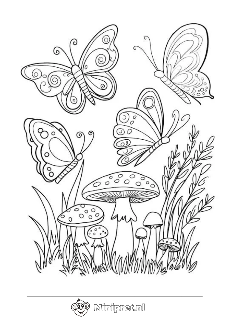Vlinder bij de Paddestoel kleurplaat — gratis kleurplaat