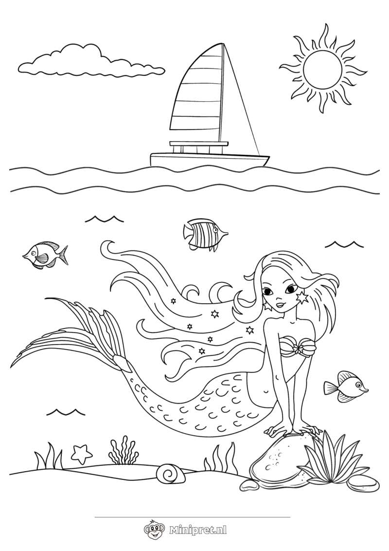Zeemeermin bij de Zeilboot kleurplaat — gratis kleurplaat
