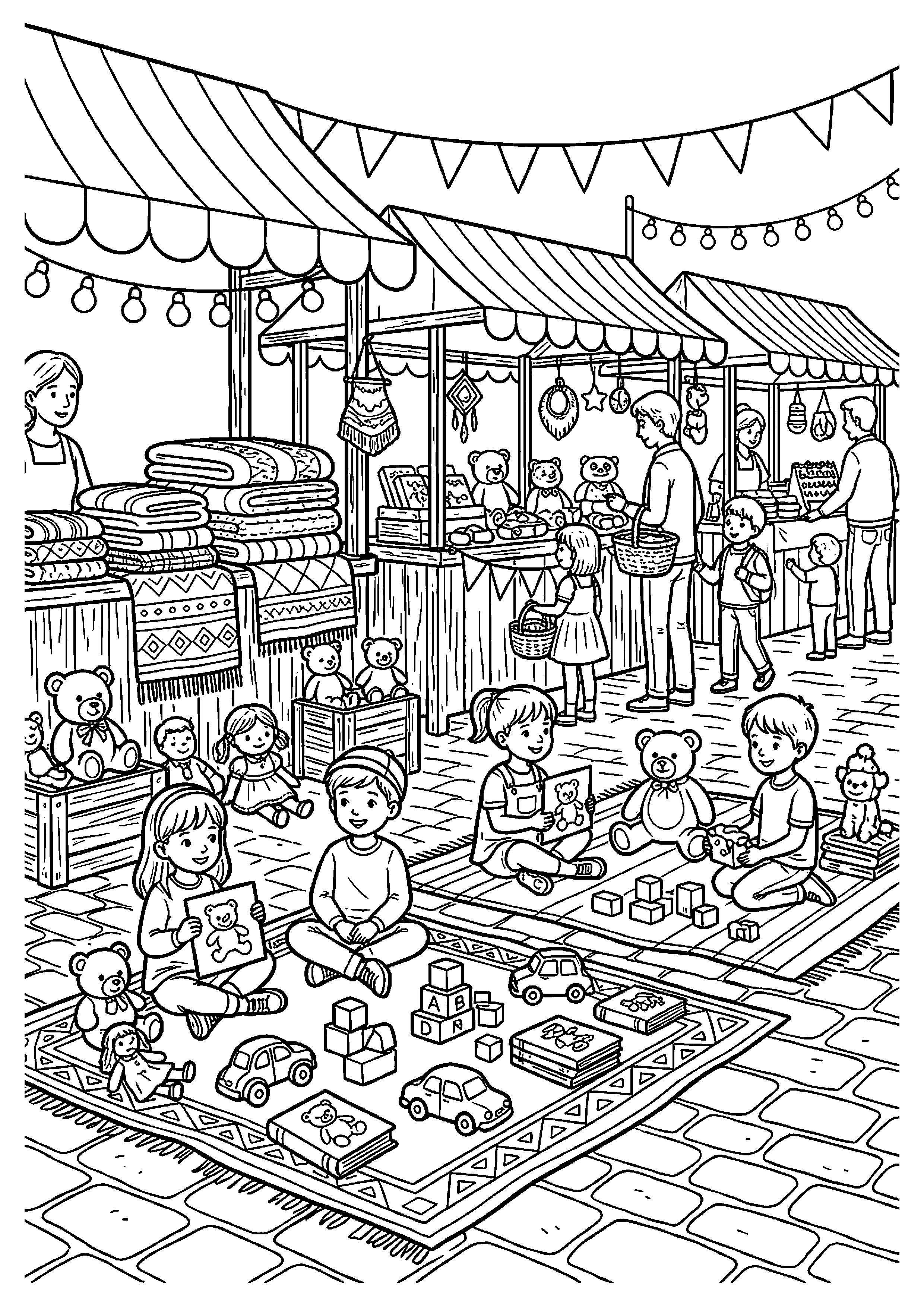 Markt met kleedjes en speelgoed kleurplaat — gratis kleurplaat
