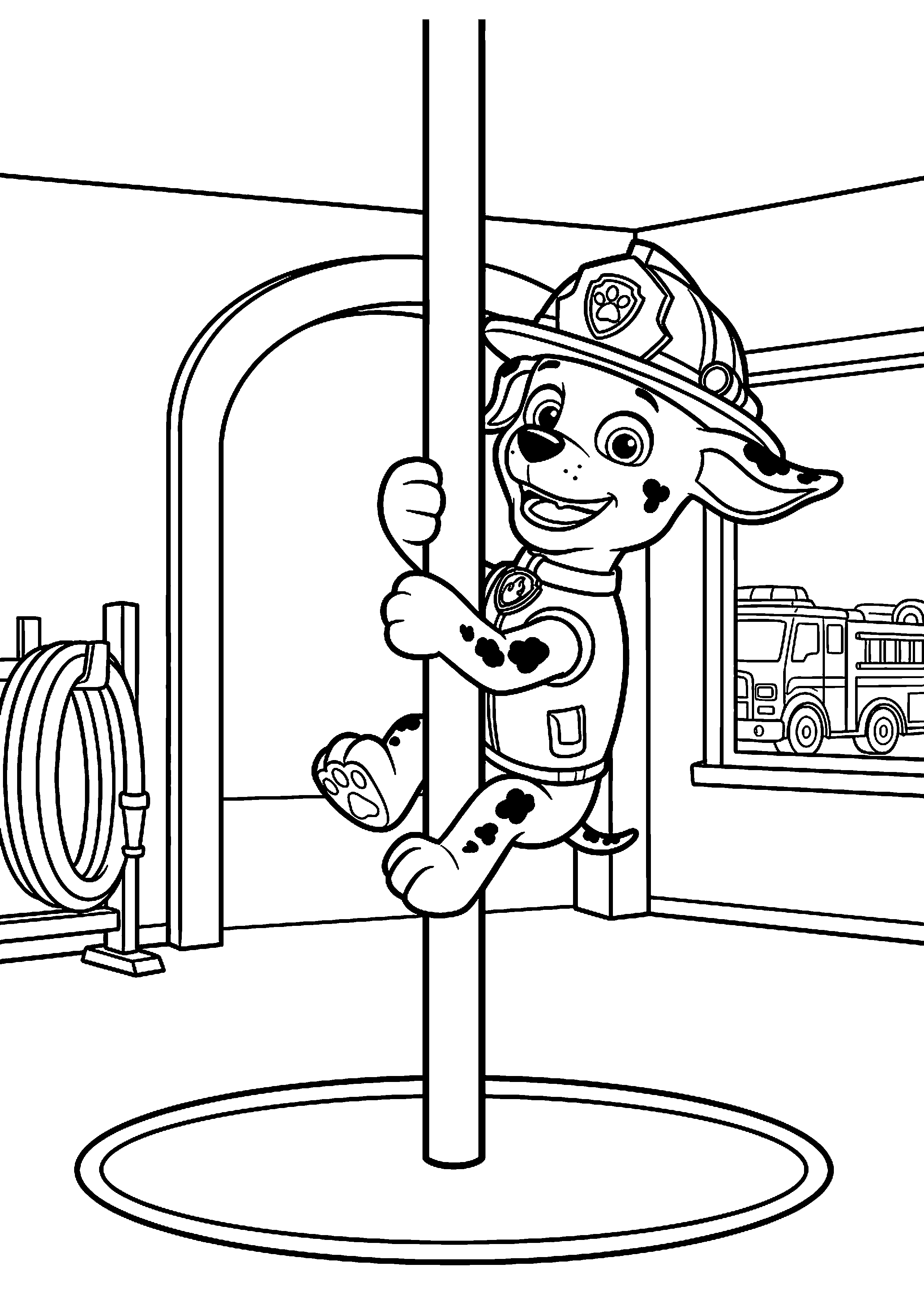 Marshall glijdt van brandweerpaal kleurplaat — gratis kleurplaat
