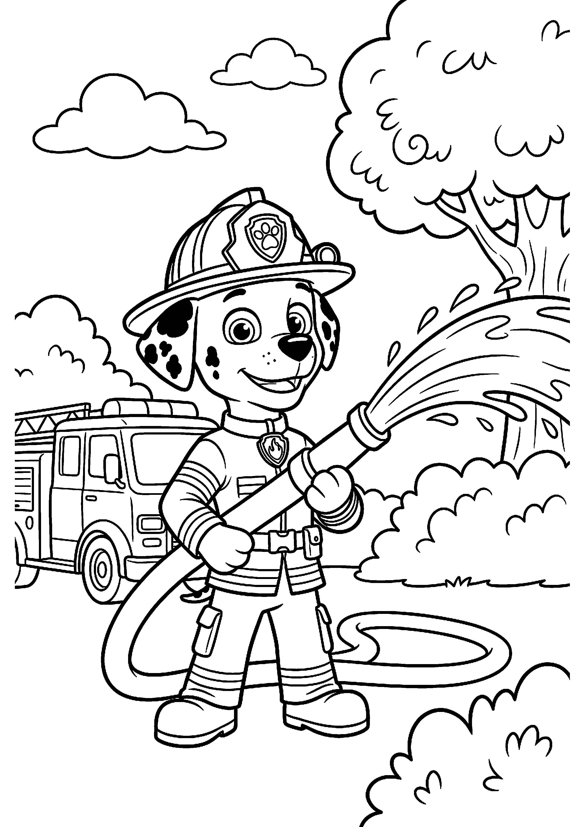 Marshall spuit water uit brandweerslang kleurplaat