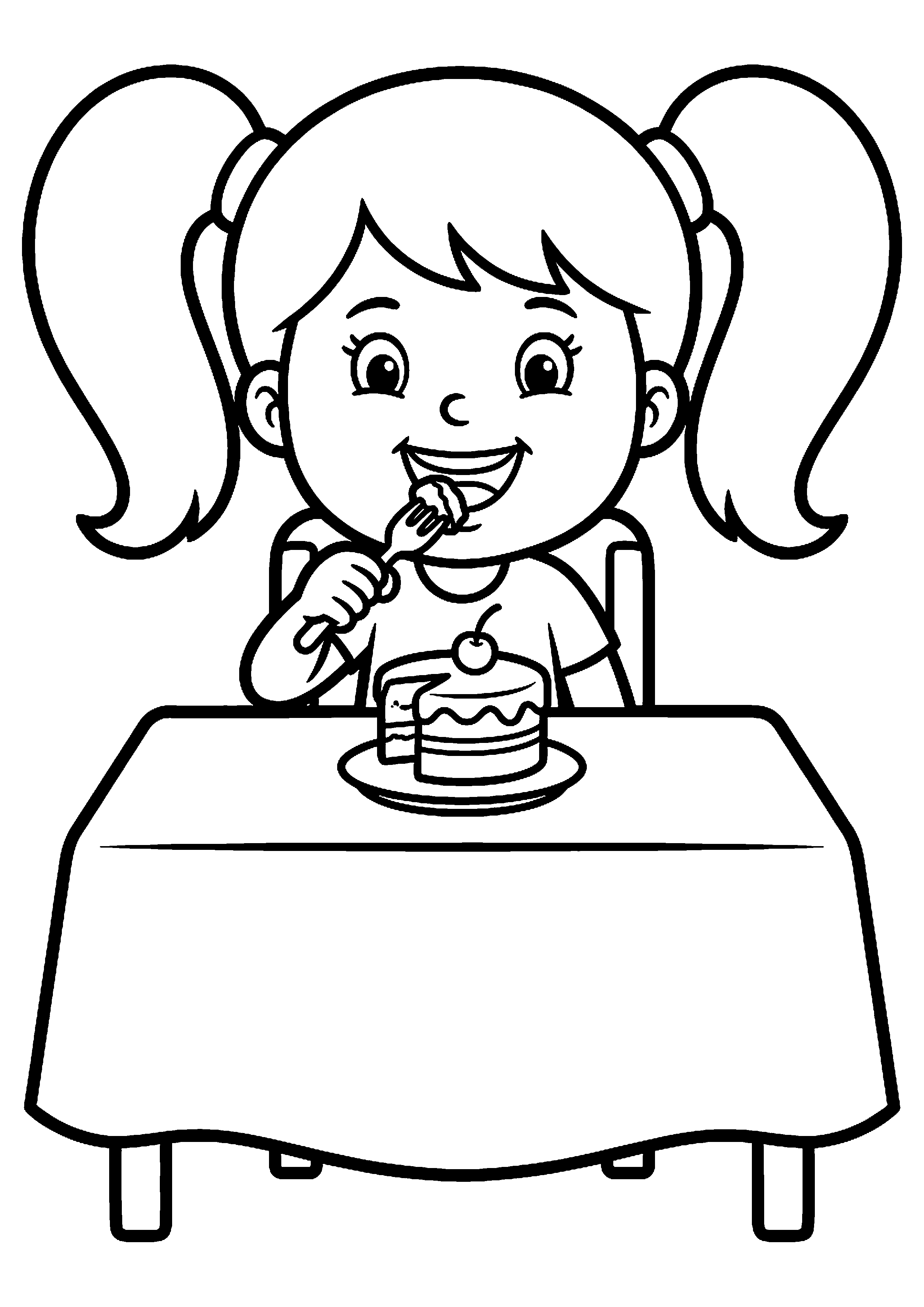 Meisje eet taartje kleurplaat — gratis kleurplaat