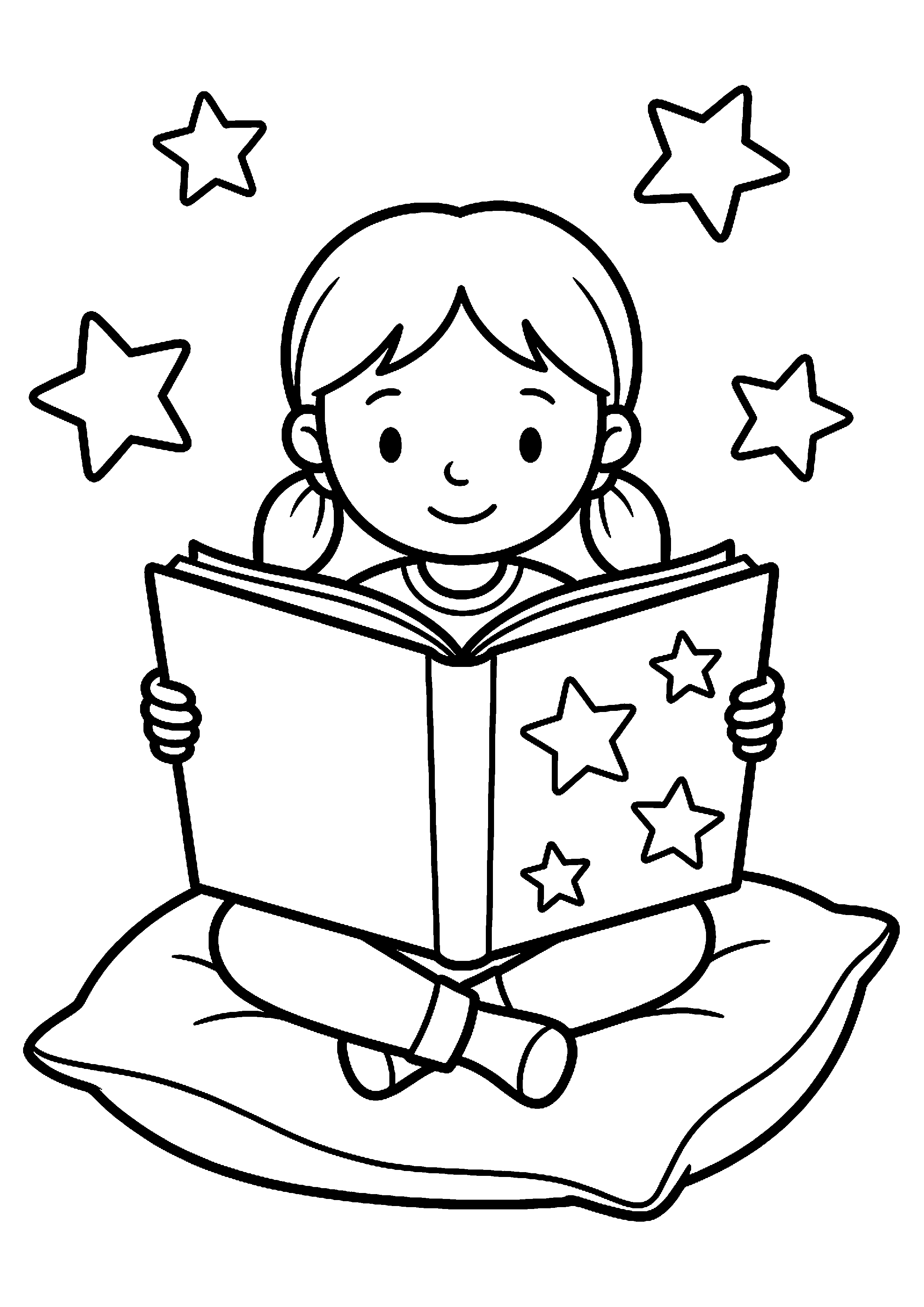 Meisje leest een boek met sterren kleurplaat — gratis kleurplaat
