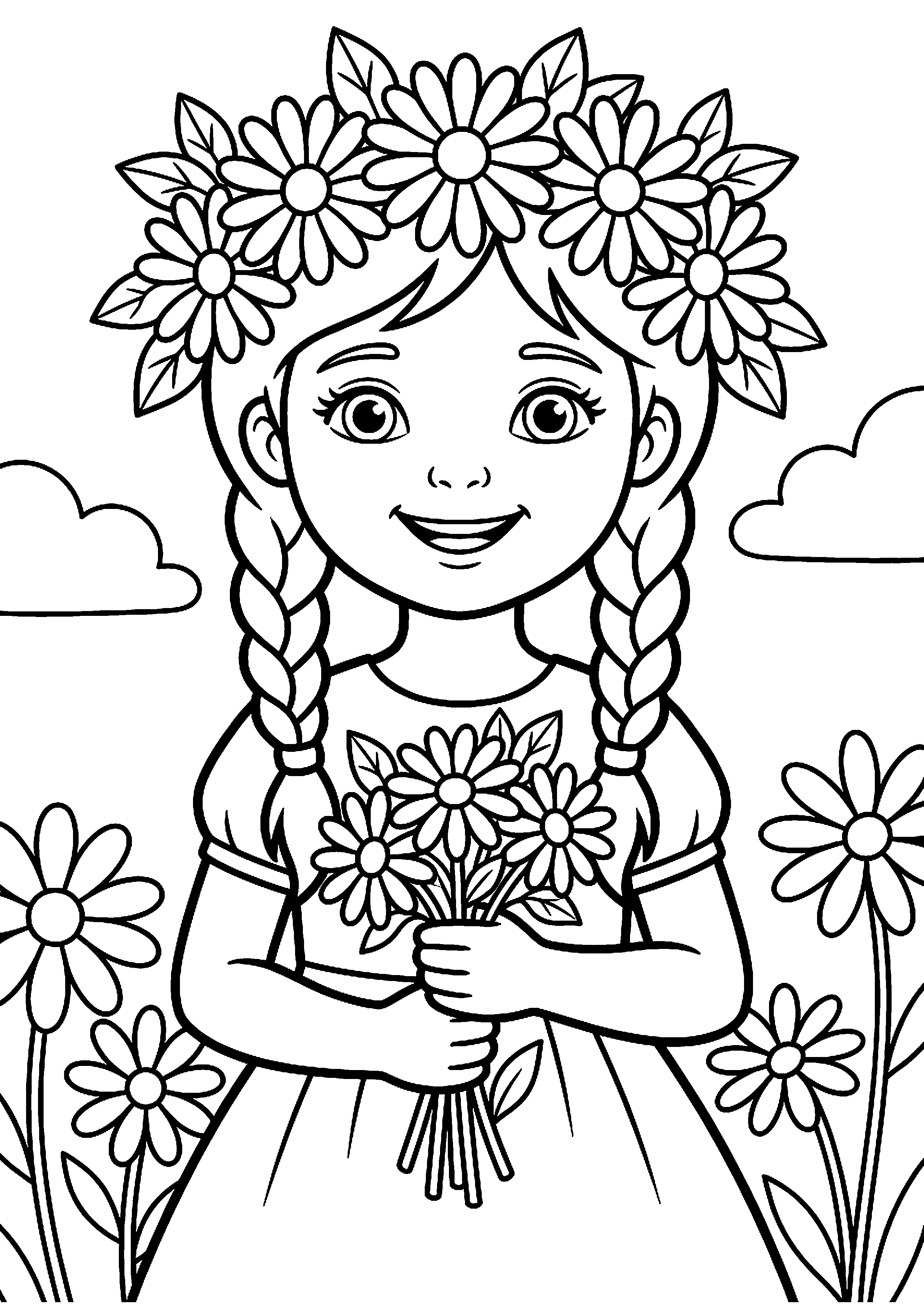 Meisje met bloemenkrans kleurplaat — gratis kleurplaat