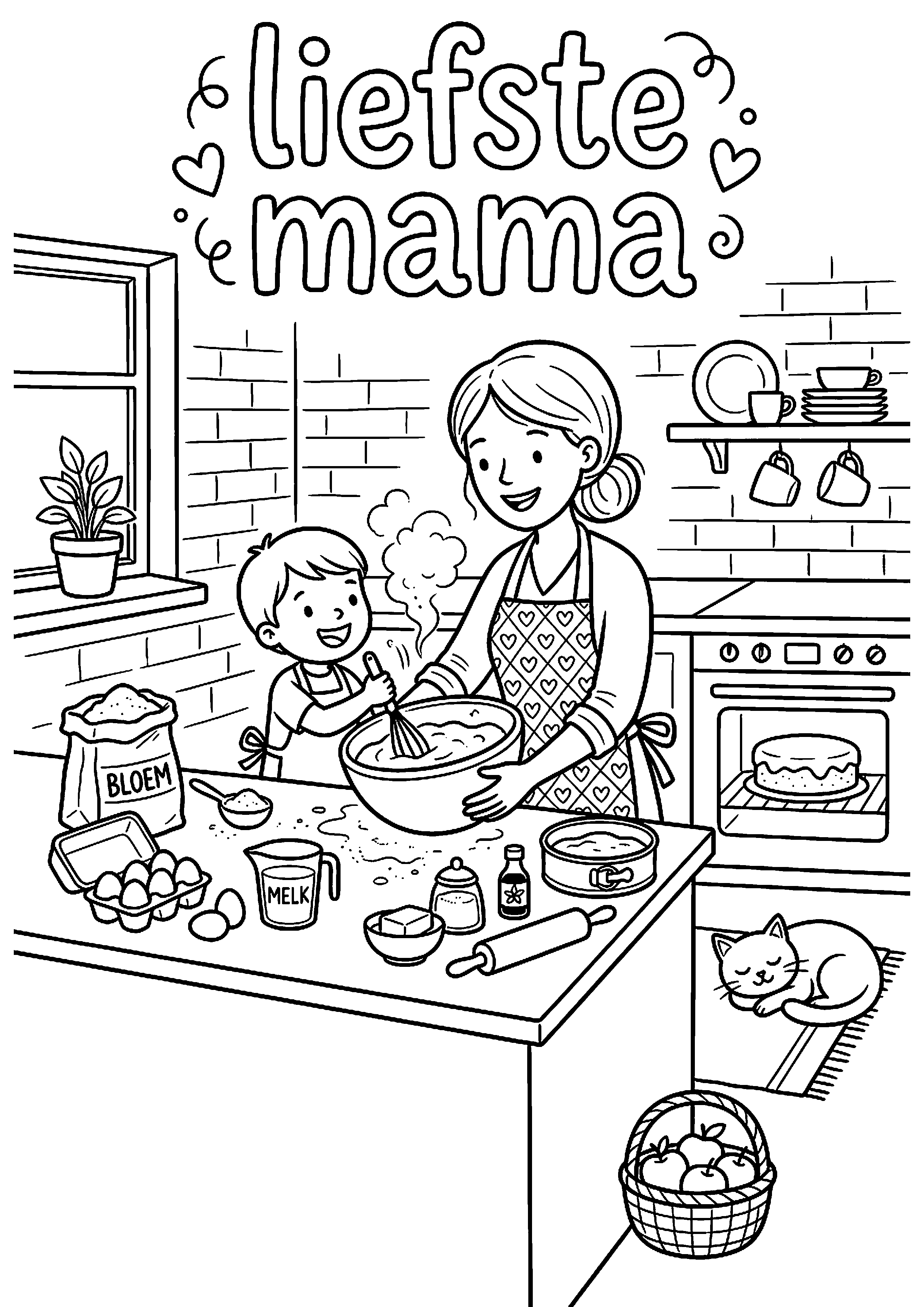 Moeder en kind bakken taart samen met tekst lieve mama kleurplaat — gratis kleurplaat