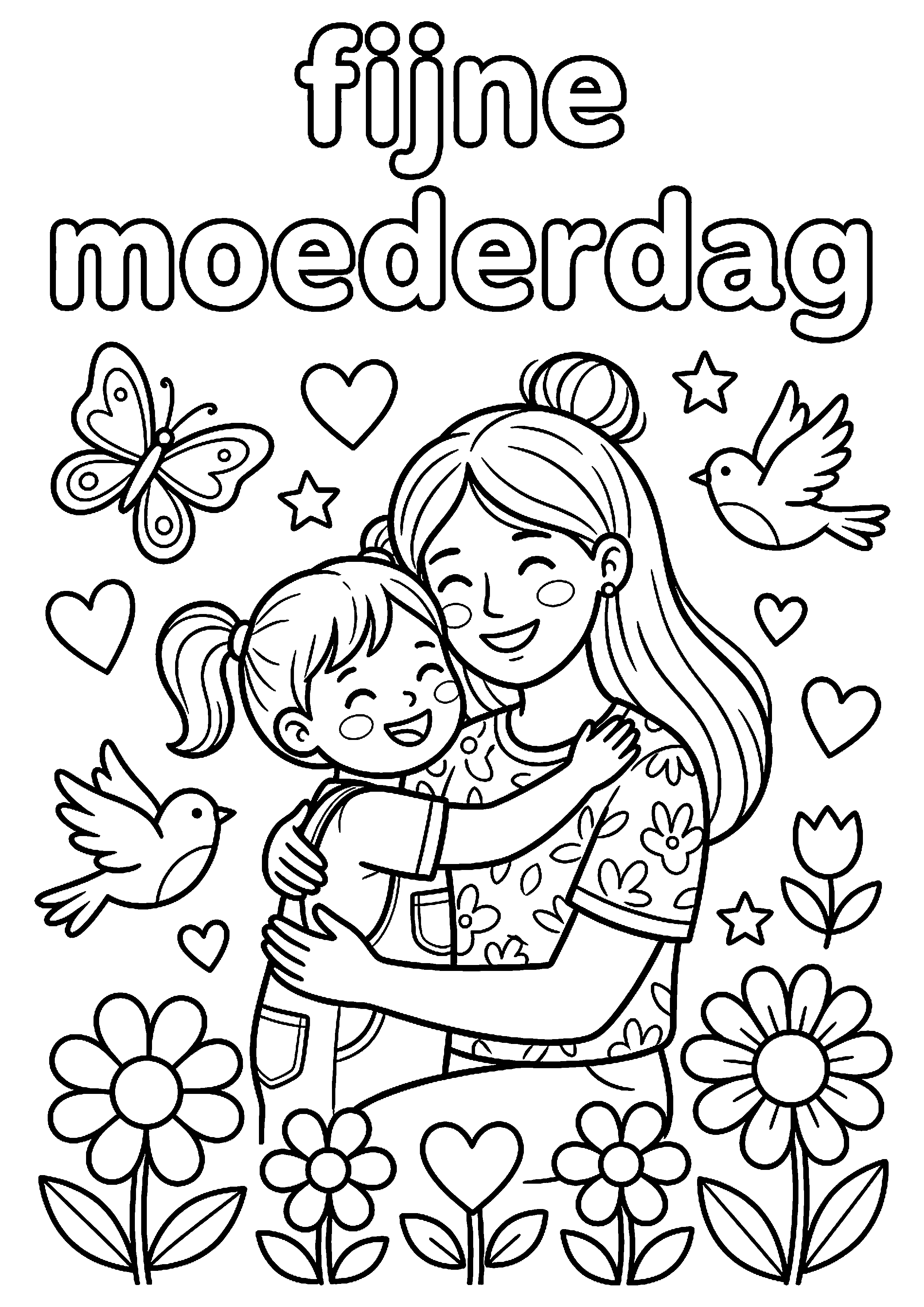 Moeder en kind geven knuffel met tekst fijne moederdag kleurplaat — gratis kleurplaat
