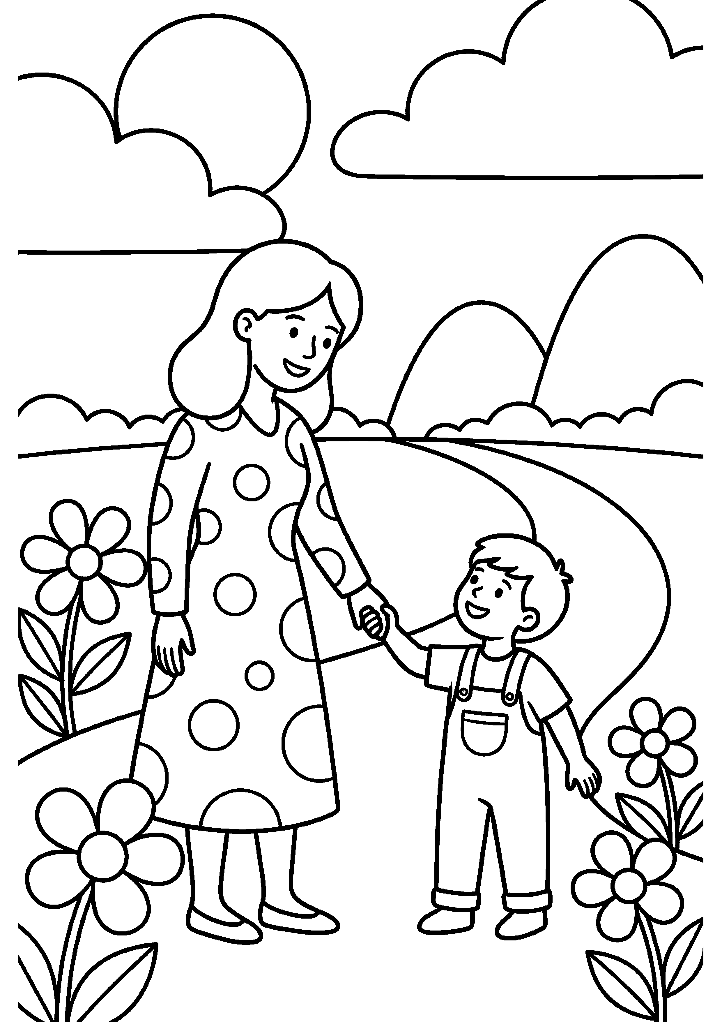 Moeder en kind houden handen vast kleurplaat — gratis kleurplaat