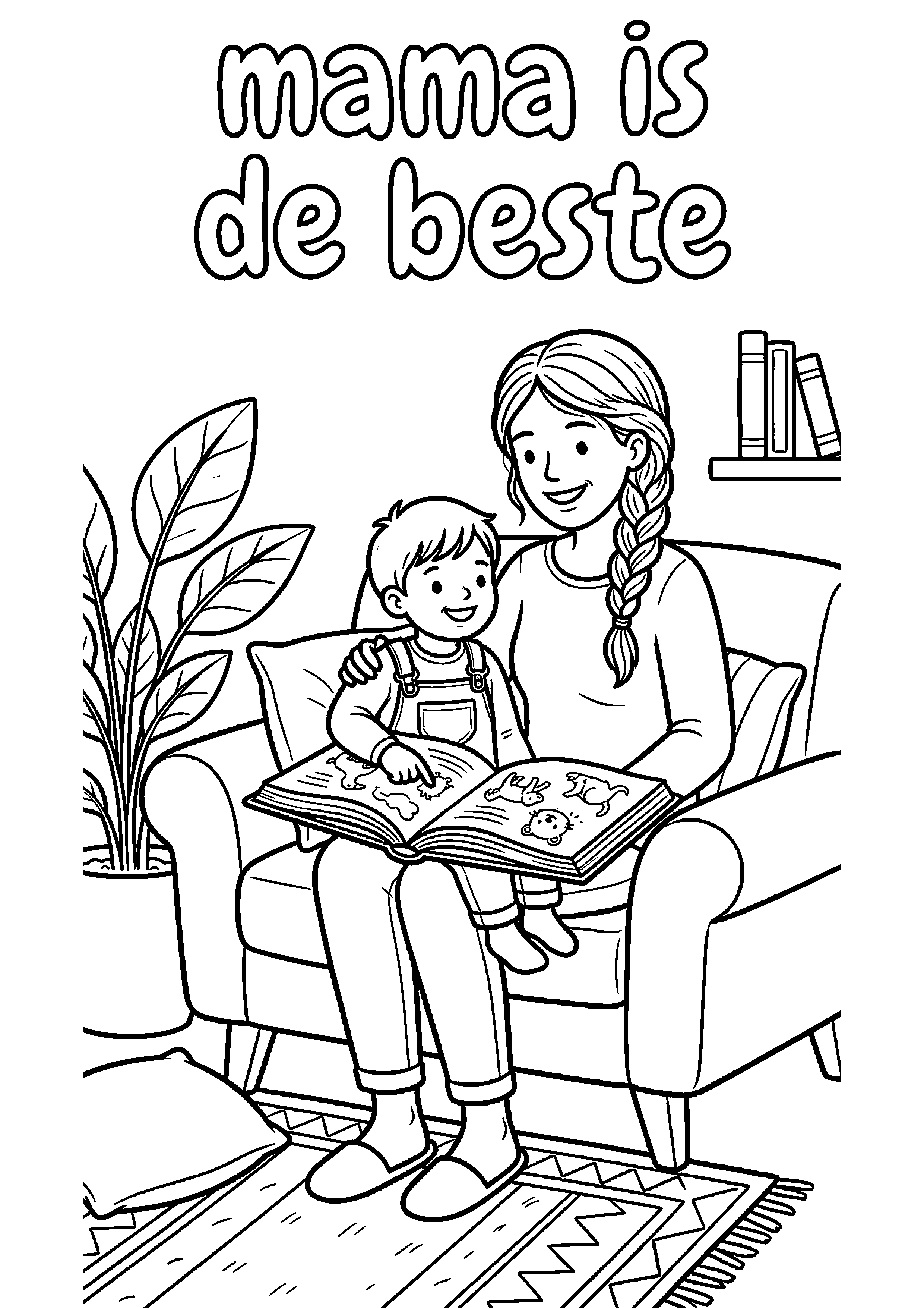Moeder en kind lezen samen boek met tekst mama kleurplaat — gratis kleurplaat