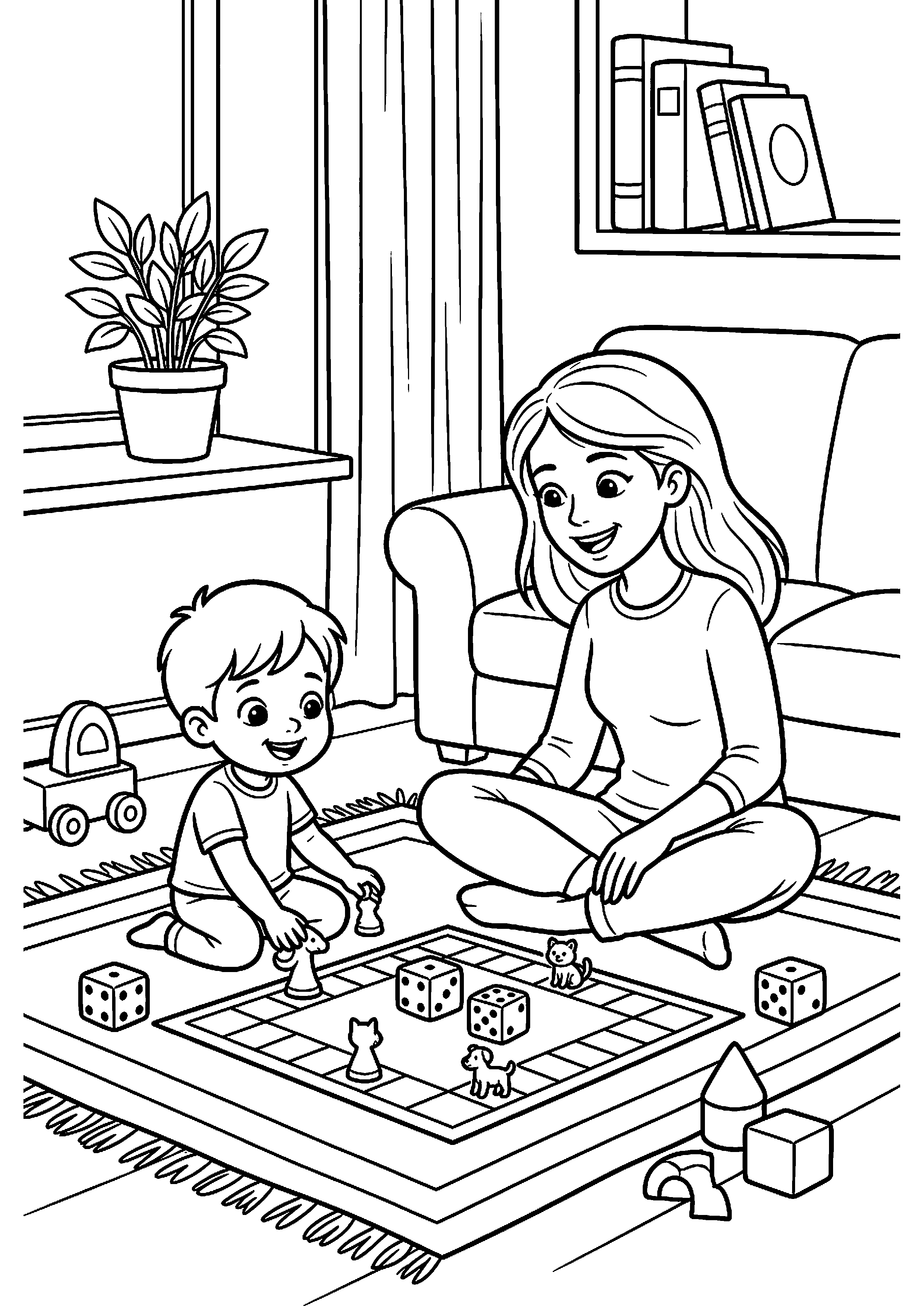 Moeder en kind spelen spelletje kleurplaat — gratis kleurplaat