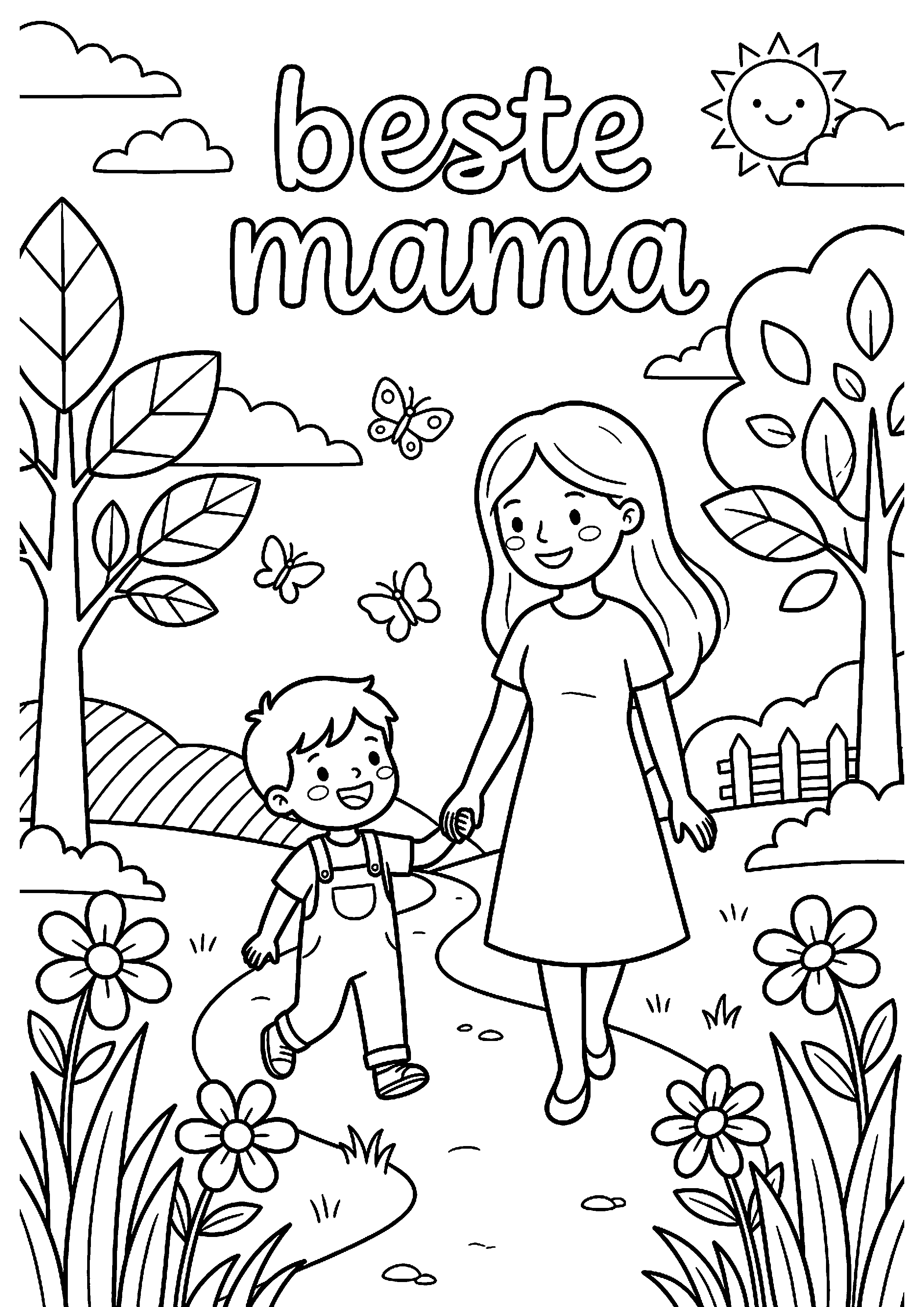 Moeder en kind wandelen hand in hand met tekst fijne moederdag kleurplaat — gratis kleurplaat