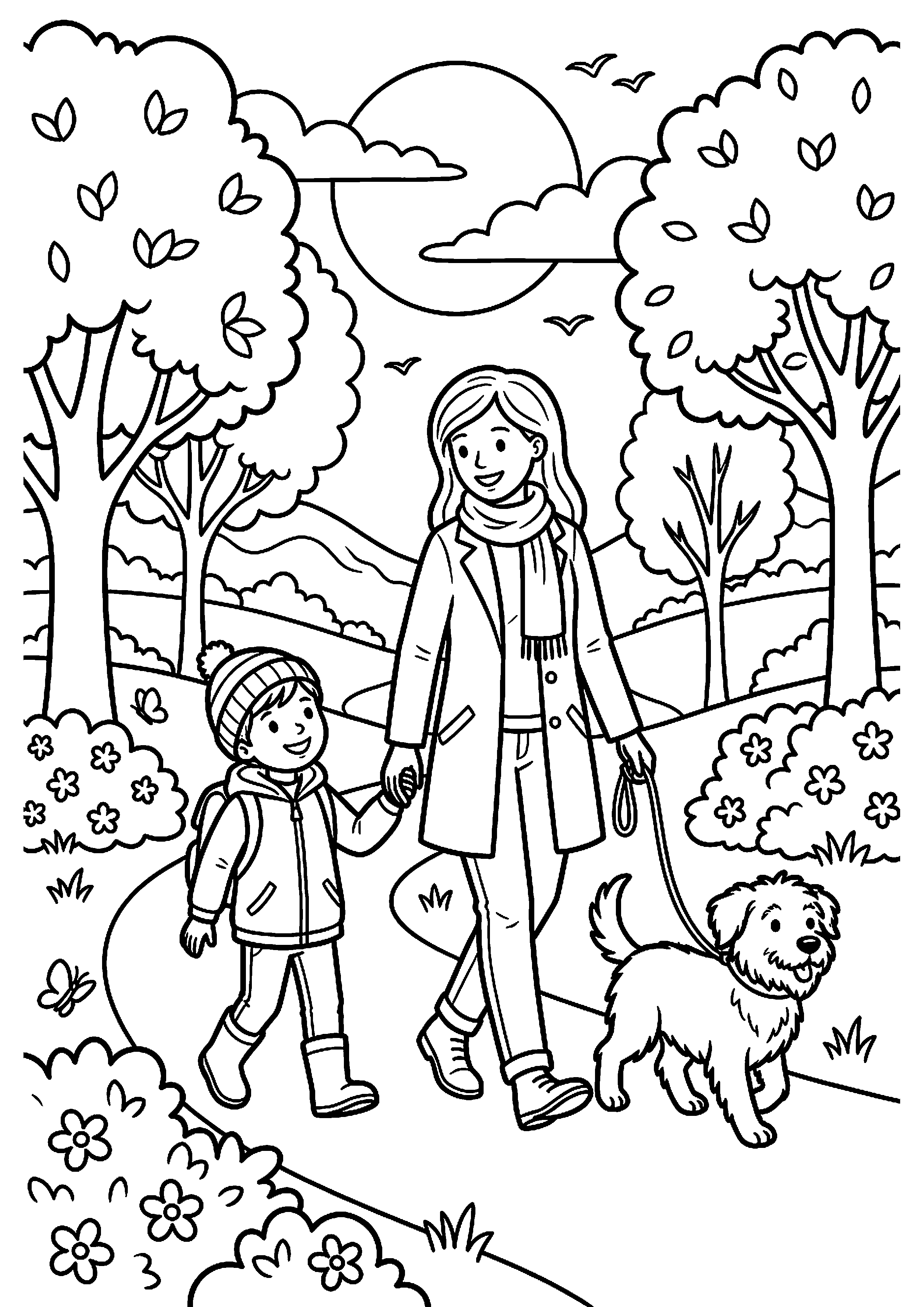 Moeder en kind wandelen met hond kleurplaat — gratis kleurplaat