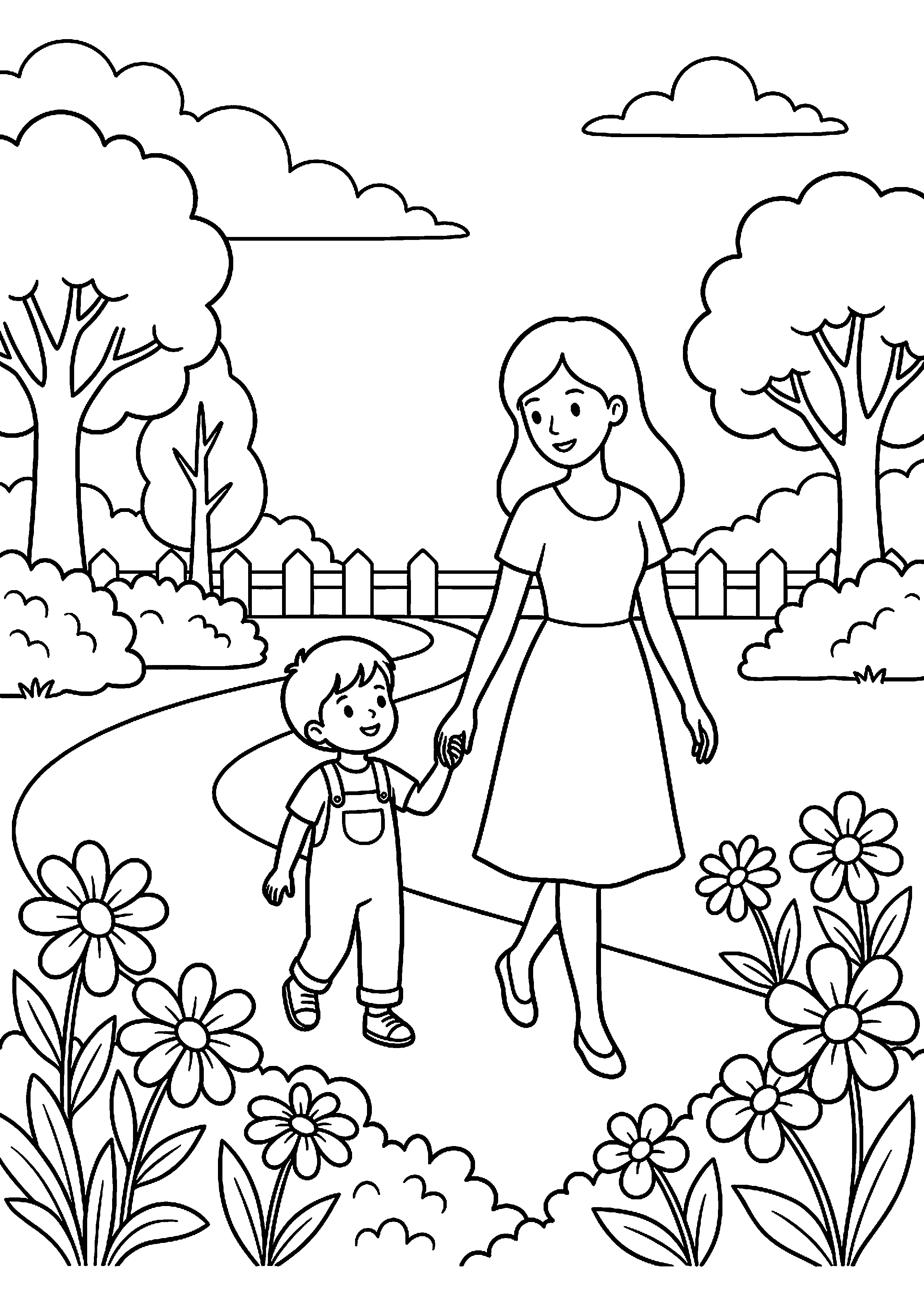 Moeder en kind wandelen samen kleurplaat — gratis kleurplaat