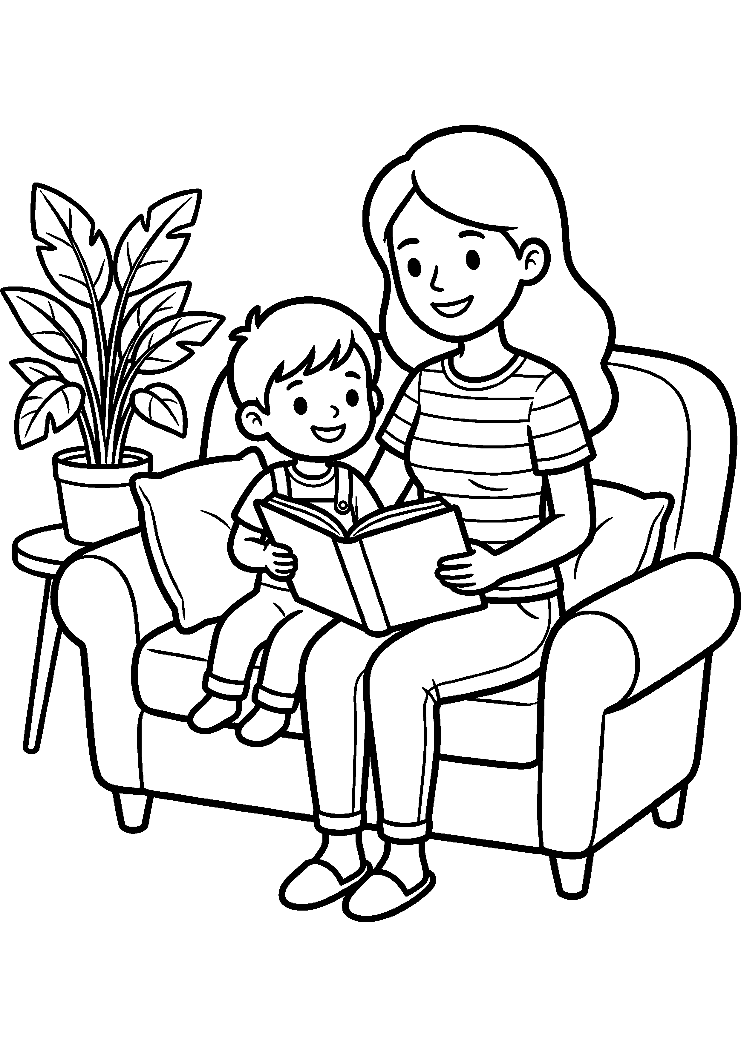 Moeder en kind zitten op bank en lezen kleurplaat — gratis kleurplaat