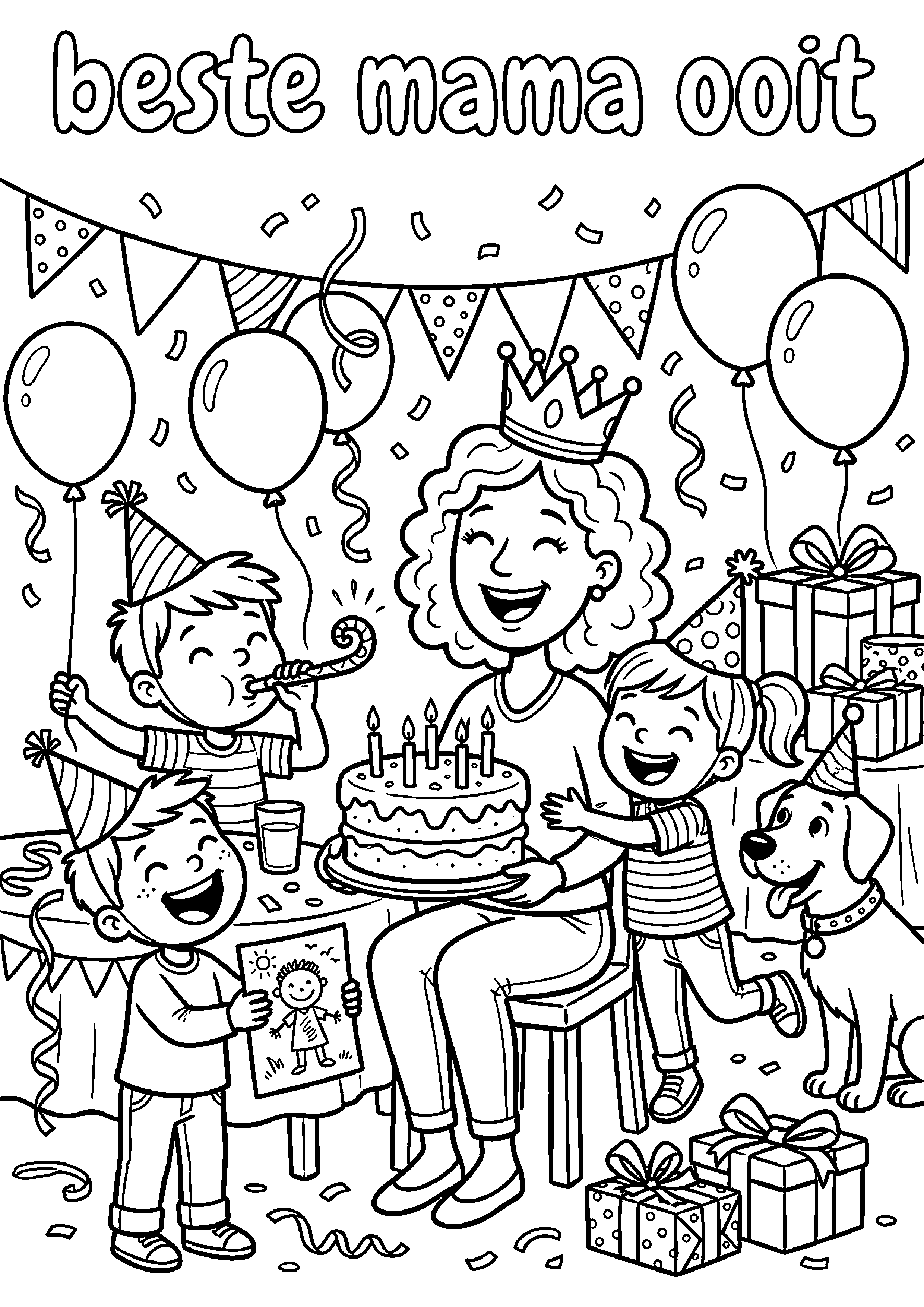 Moeder en kinderen vieren feest samen met tekst fijne moederdag kleurplaat — gratis kleurplaat