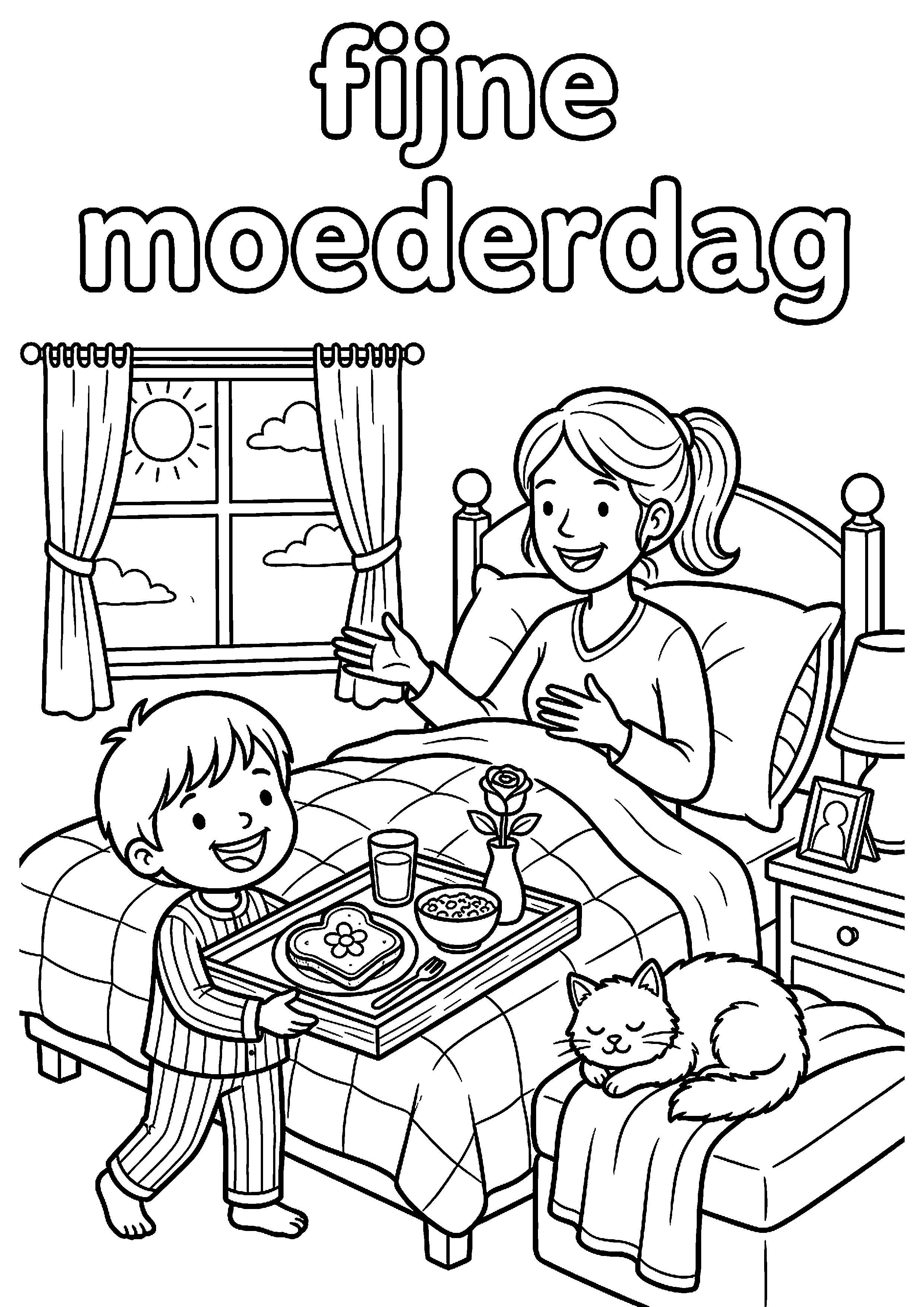 Moeder krijgt ontbijt op bed van kind met tekst fijne moederdag kleurplaat — gratis kleurplaat