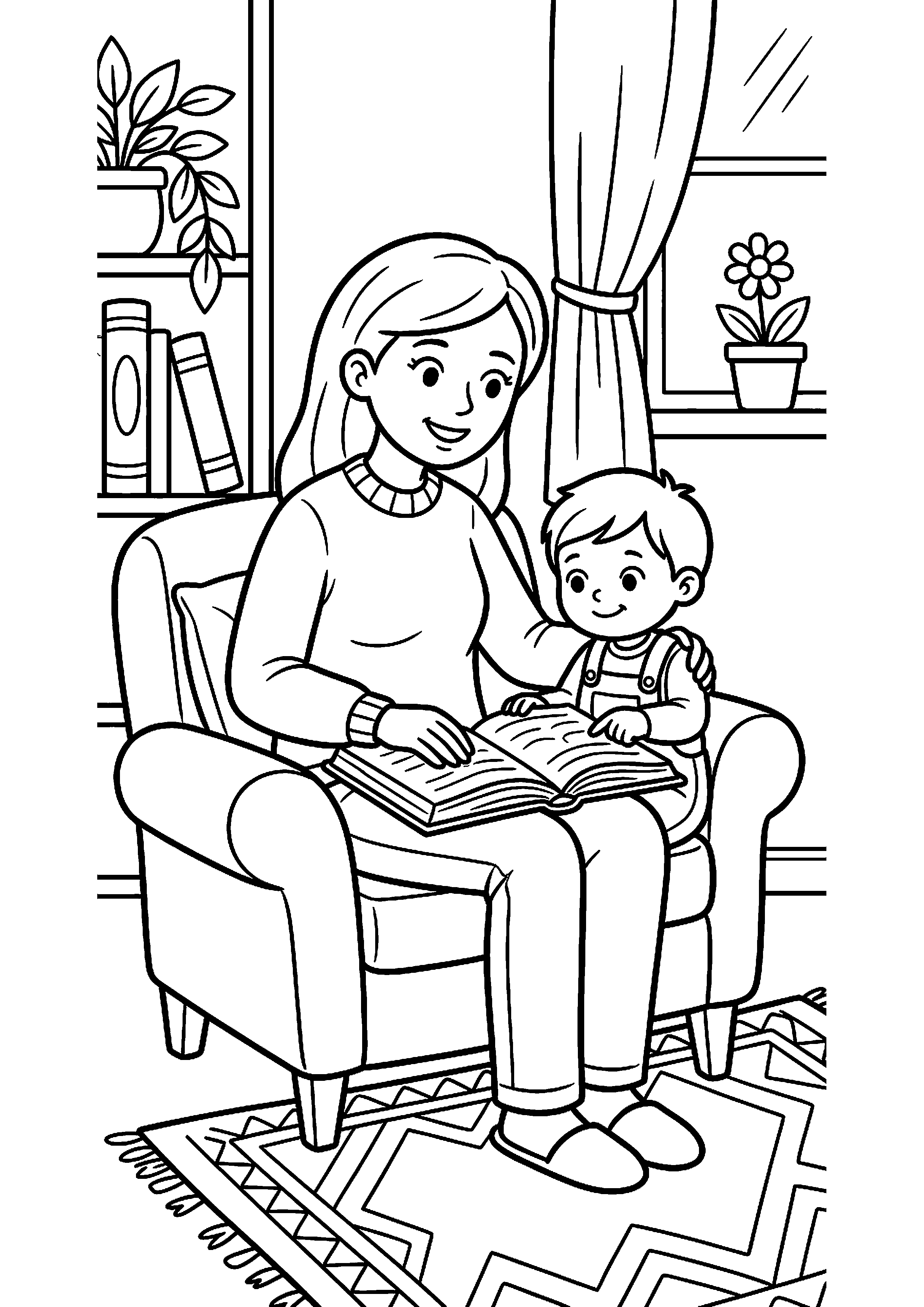 Moeder leest boek met kind kleurplaat — gratis kleurplaat