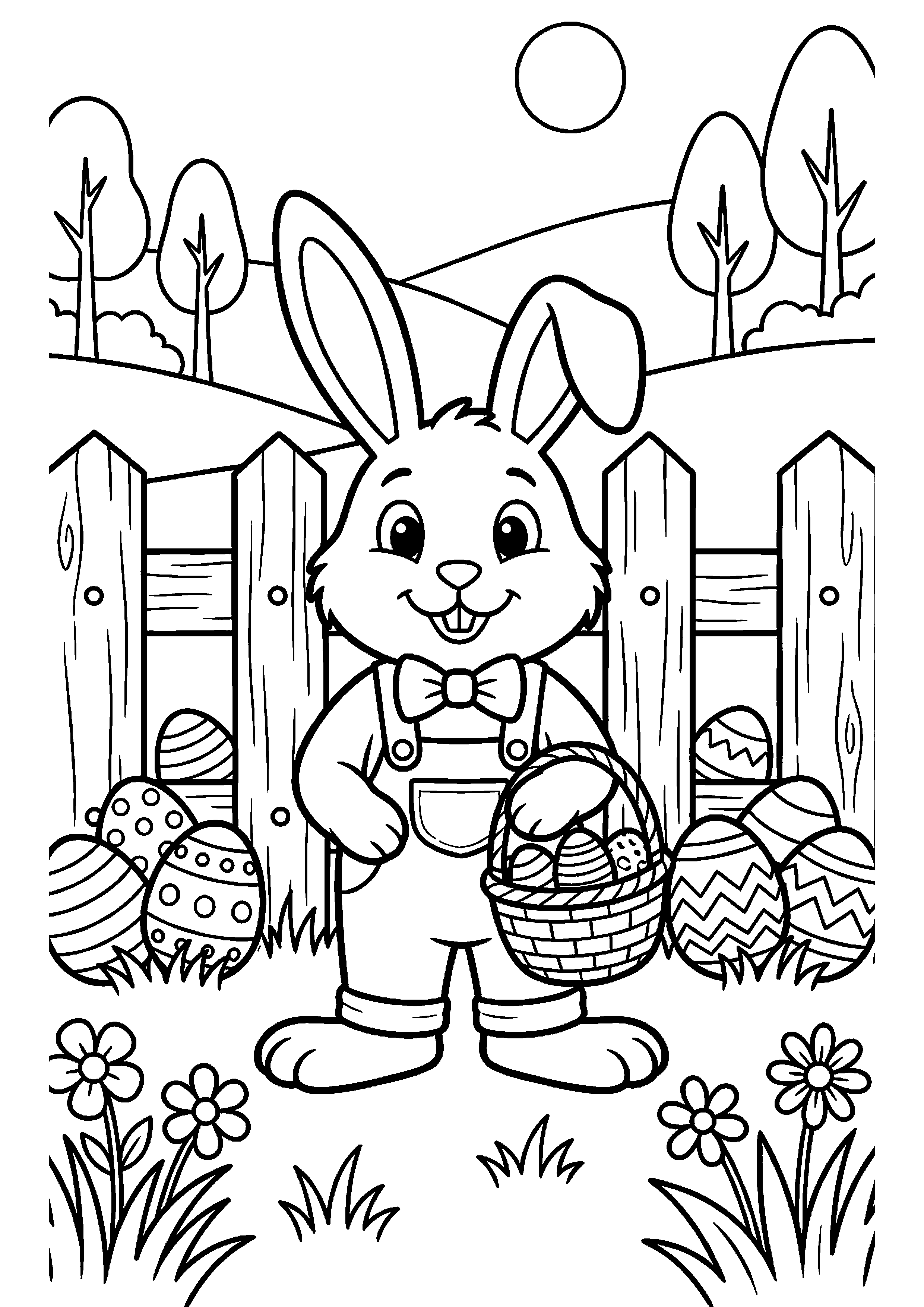 Paashaas bij houten hek met paaseieren kleurplaat — gratis kleurplaat