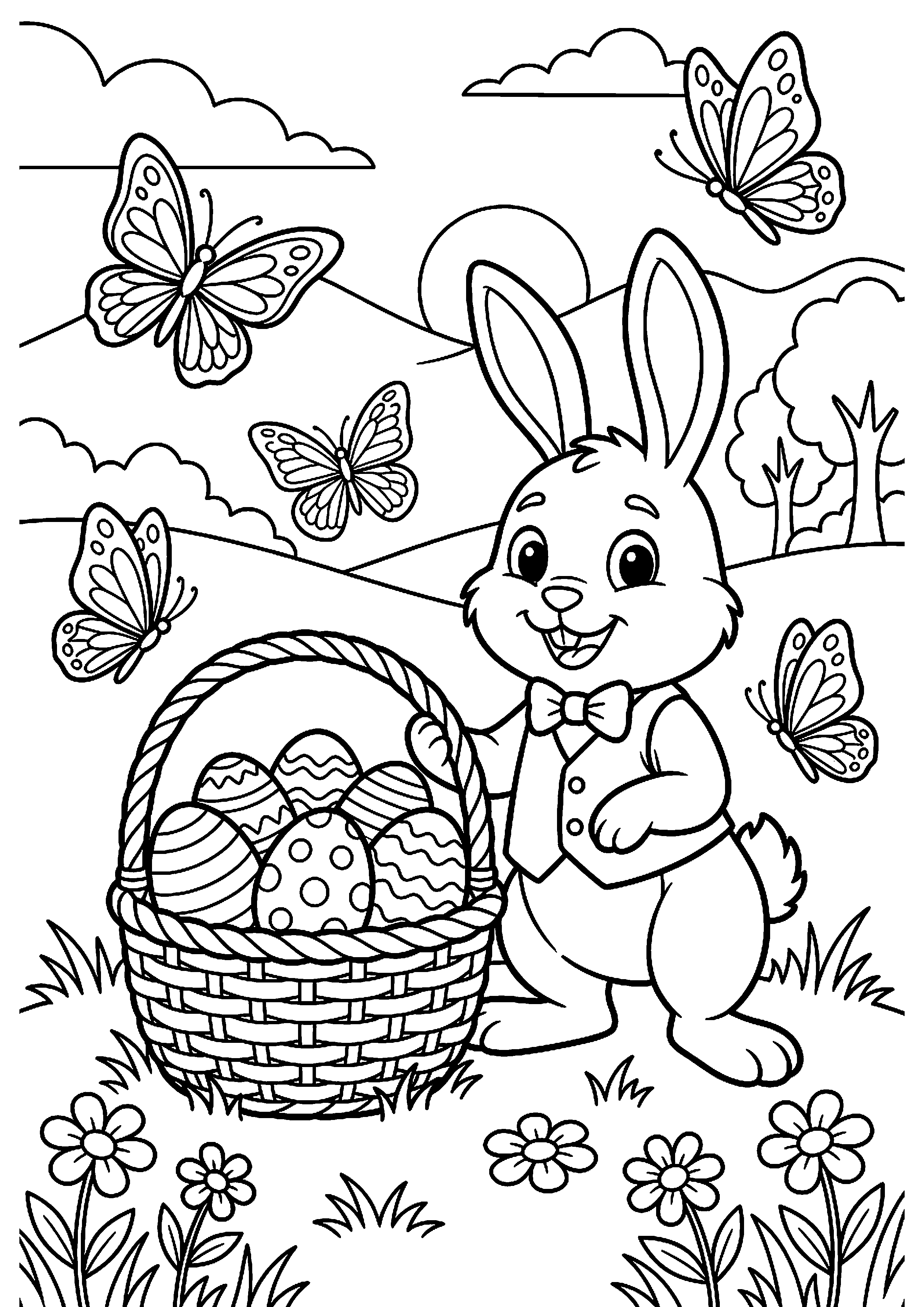 Paashaas bij mand met eieren en vlinders kleurplaat — gratis kleurplaat
