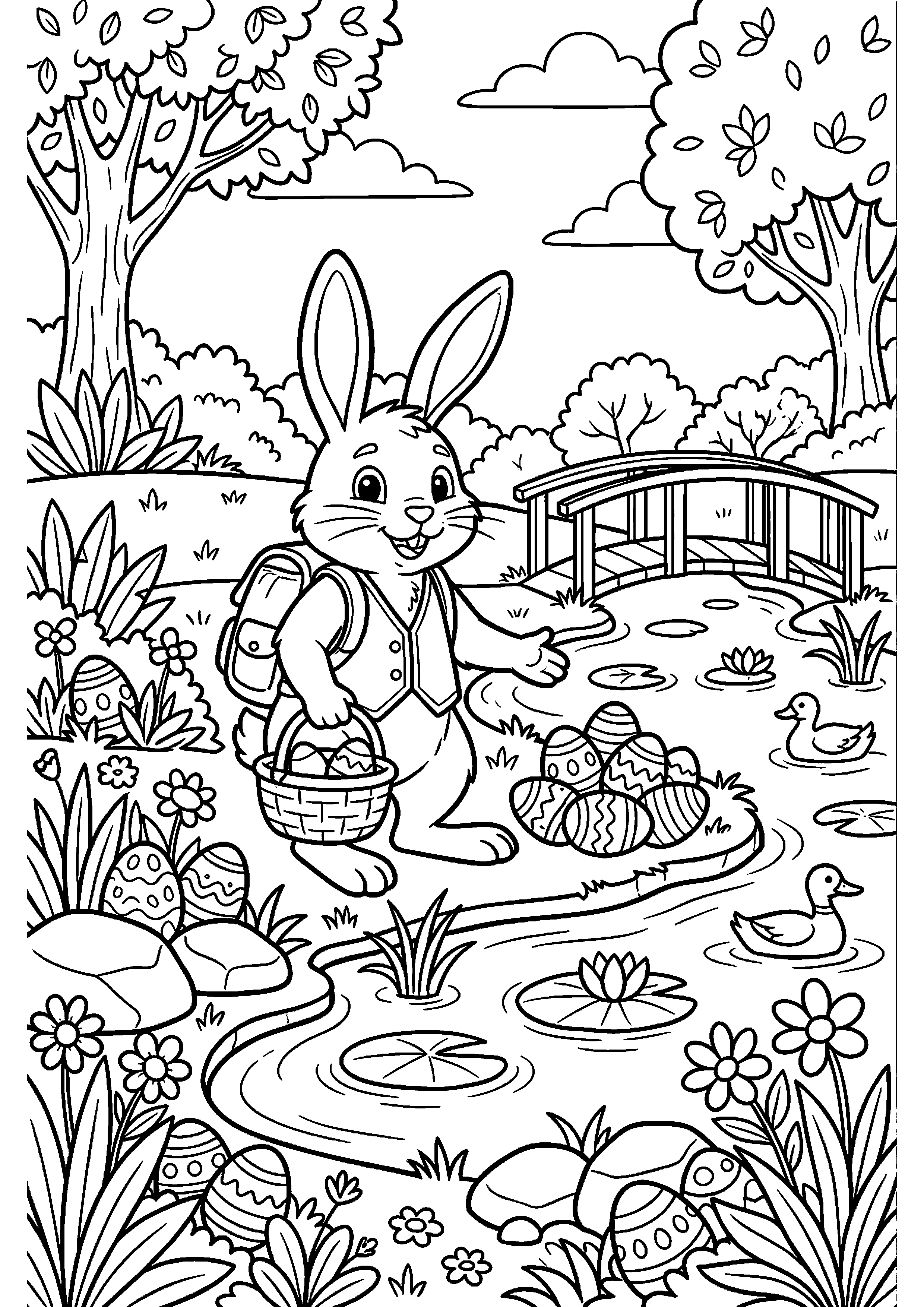 Paashaas bij vijver met eieren kleurplaat — gratis kleurplaat