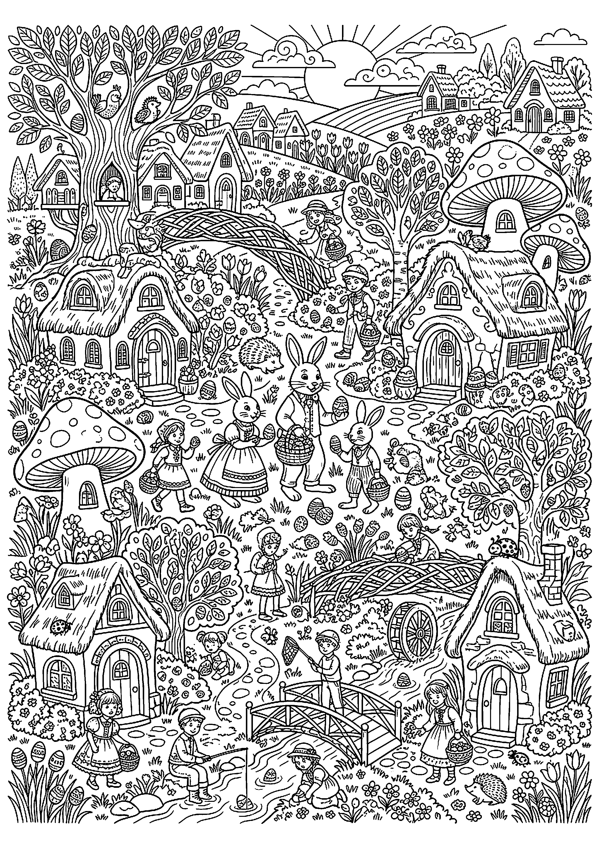 Paashaas dorp met kinderen zoeken eieren kleurplaat — gratis kleurplaat