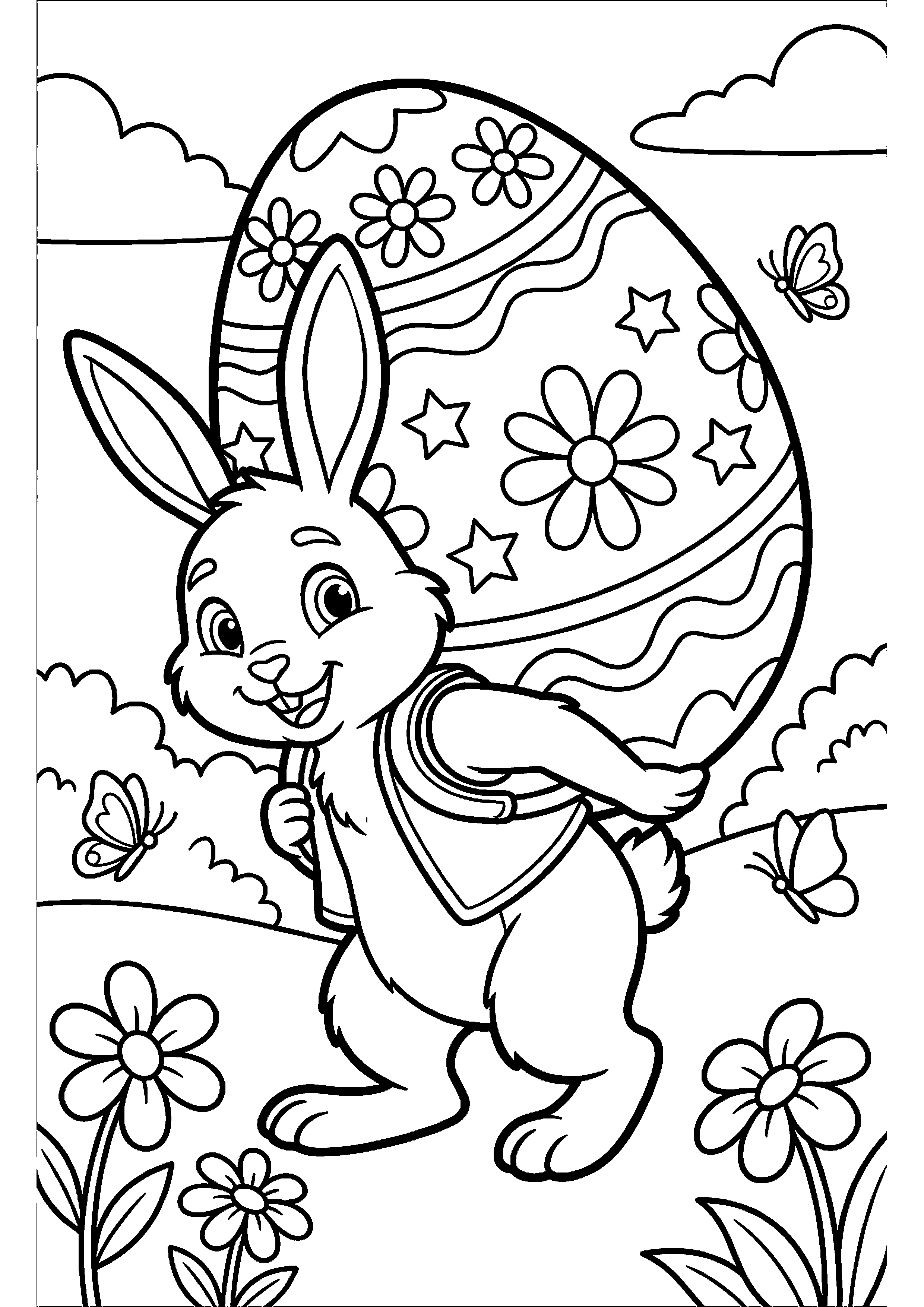 Paashaas draagt groot ei op rug kleurplaat — gratis kleurplaat