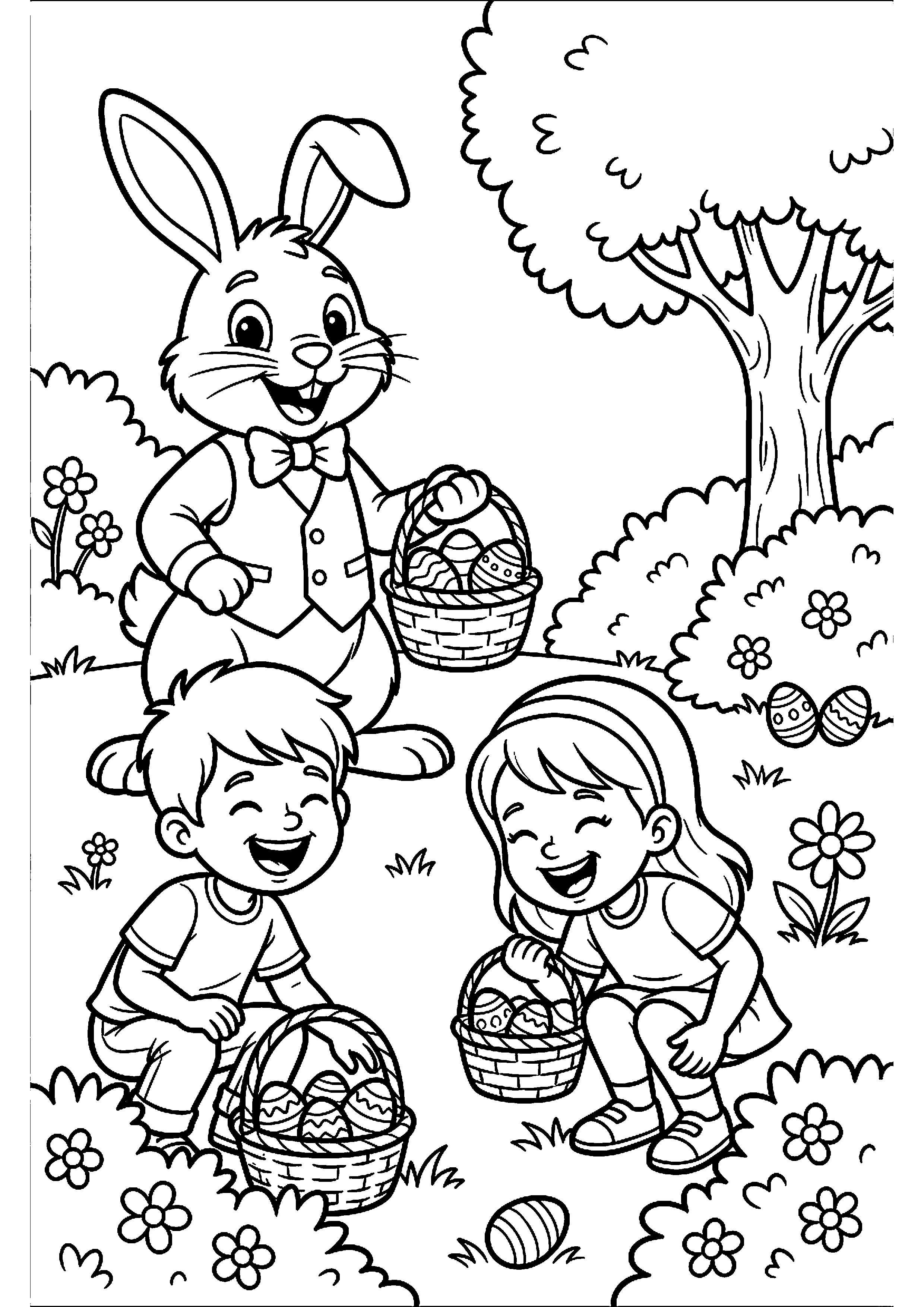 Paashaas en kinderen bij paaseierenjacht kleurplaat — gratis kleurplaat