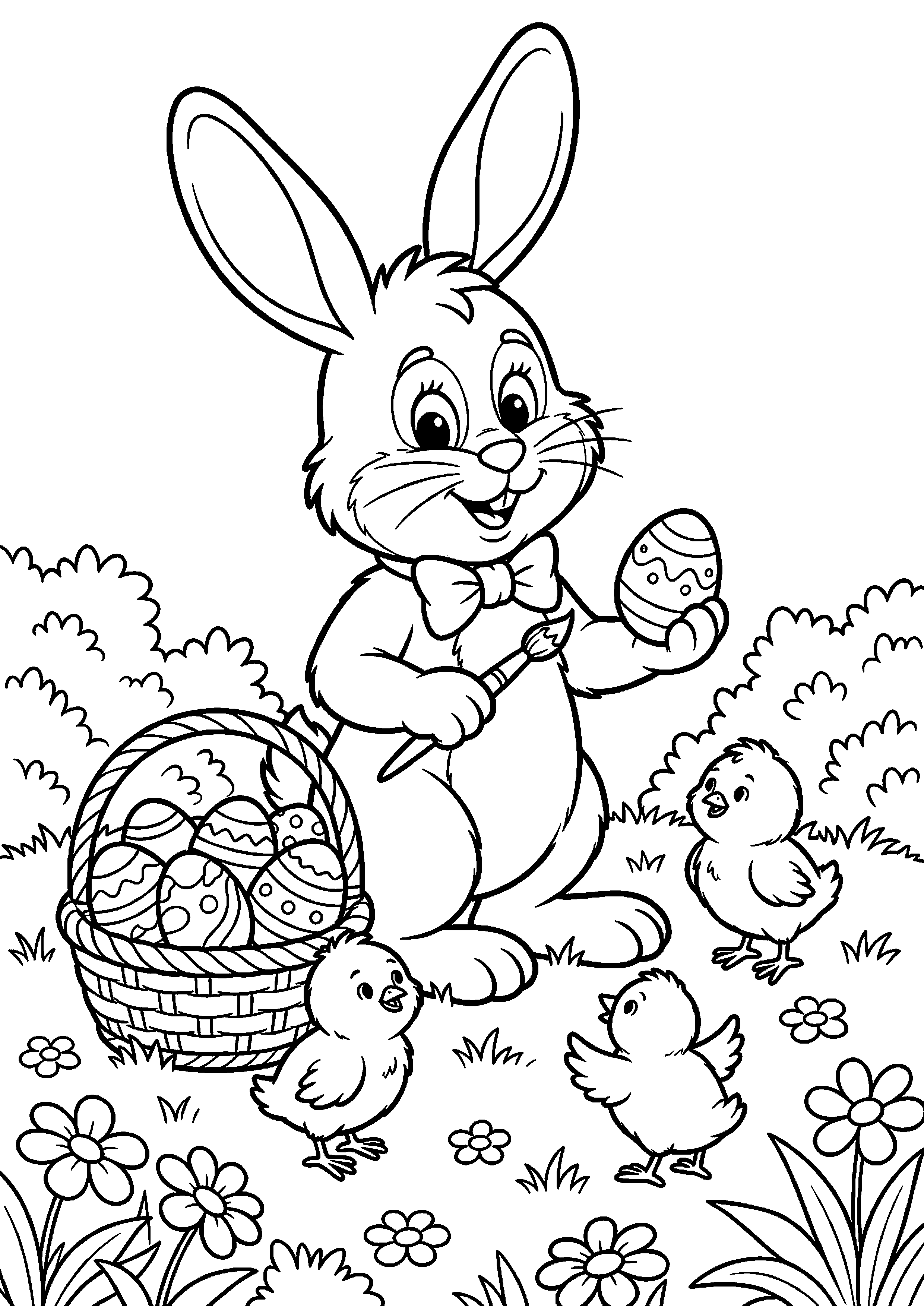 Paashaas en kuikens rond paaseieren kleurplaat — gratis kleurplaat