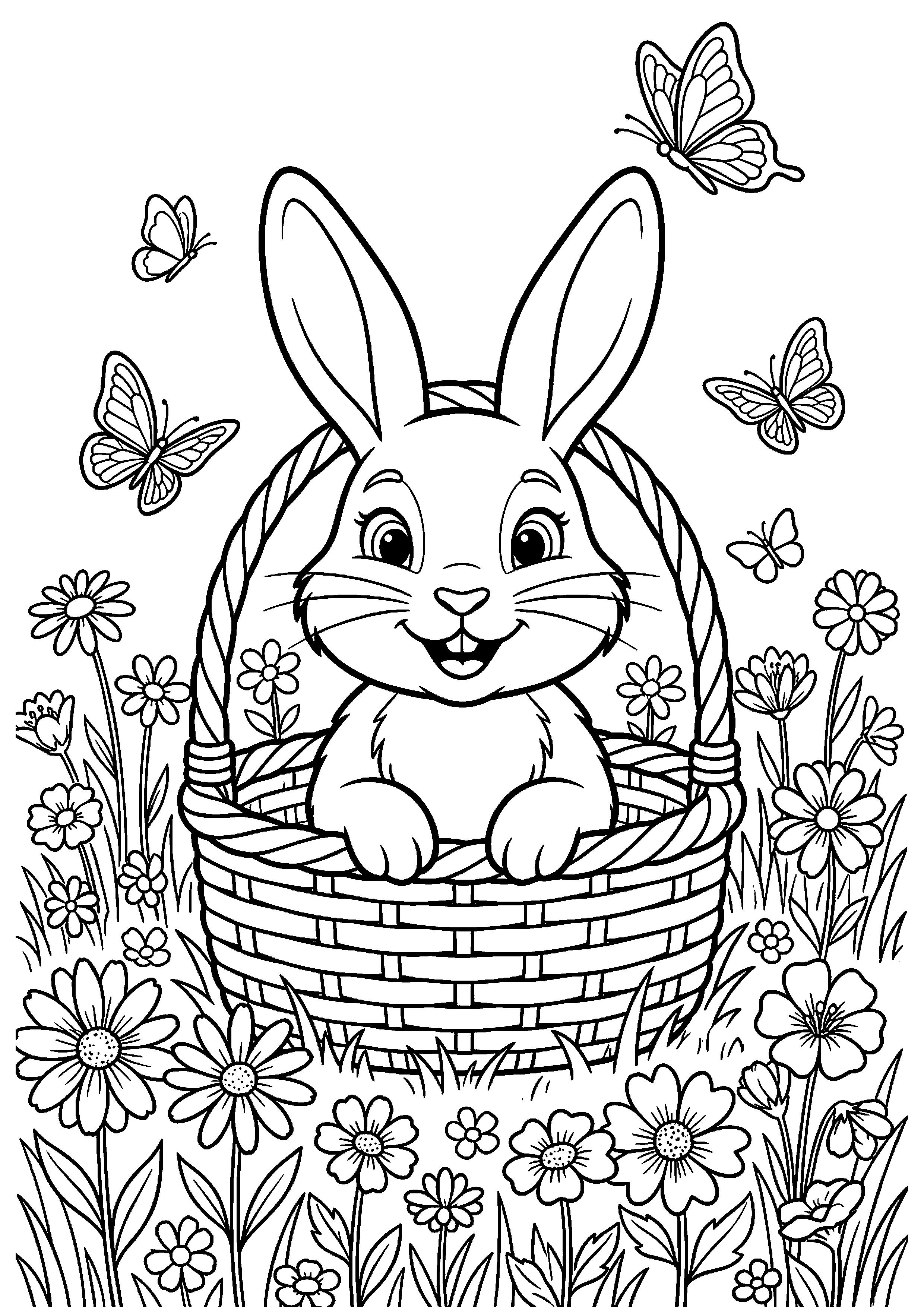 Paashaas in bloemenveld met vlinders kleurplaat — gratis kleurplaat
