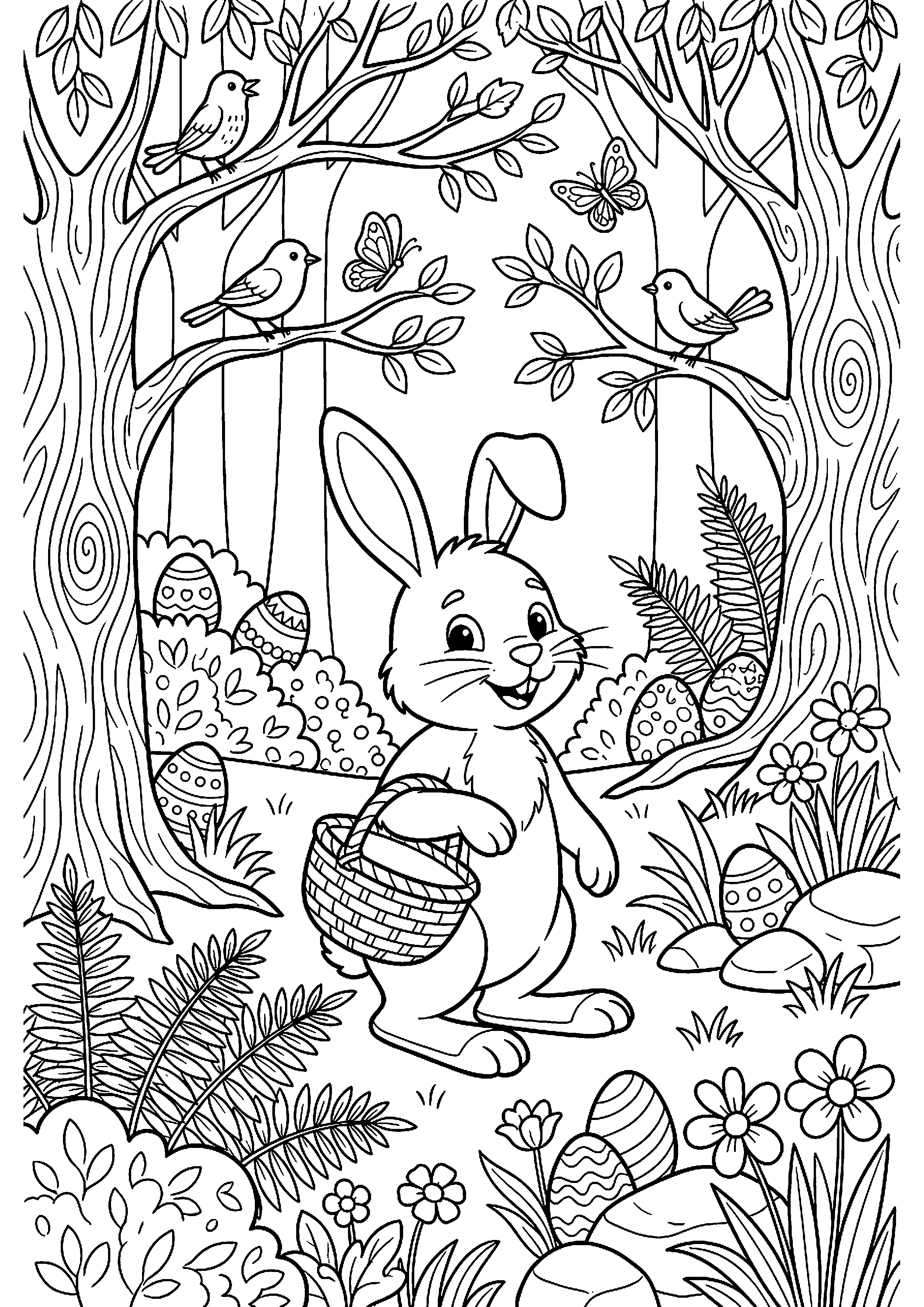 Paashaas in bos met eieren verstopt kleurplaat — gratis kleurplaat