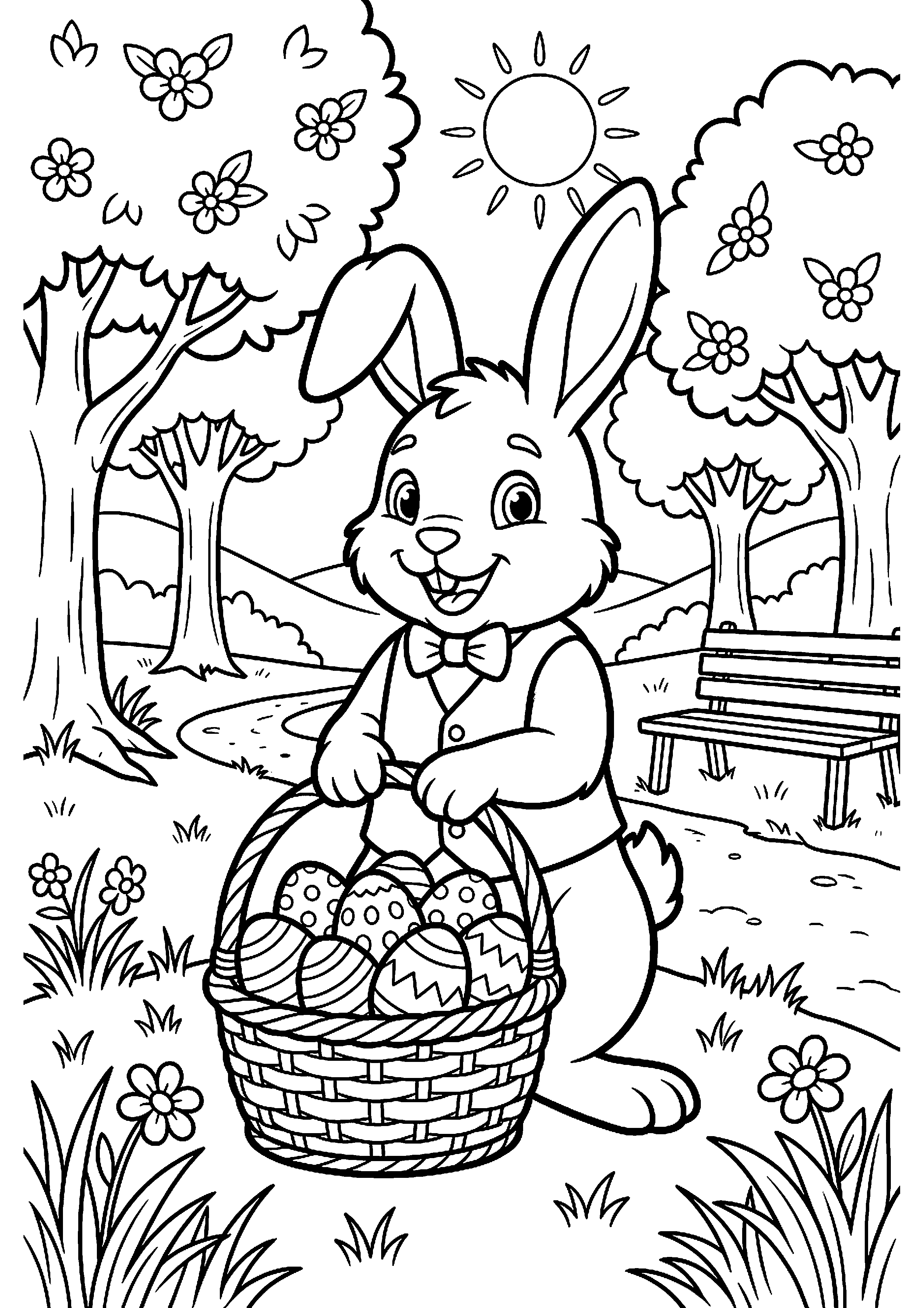 Paashaas met grote mand vol eieren in park kleurplaat — gratis kleurplaat