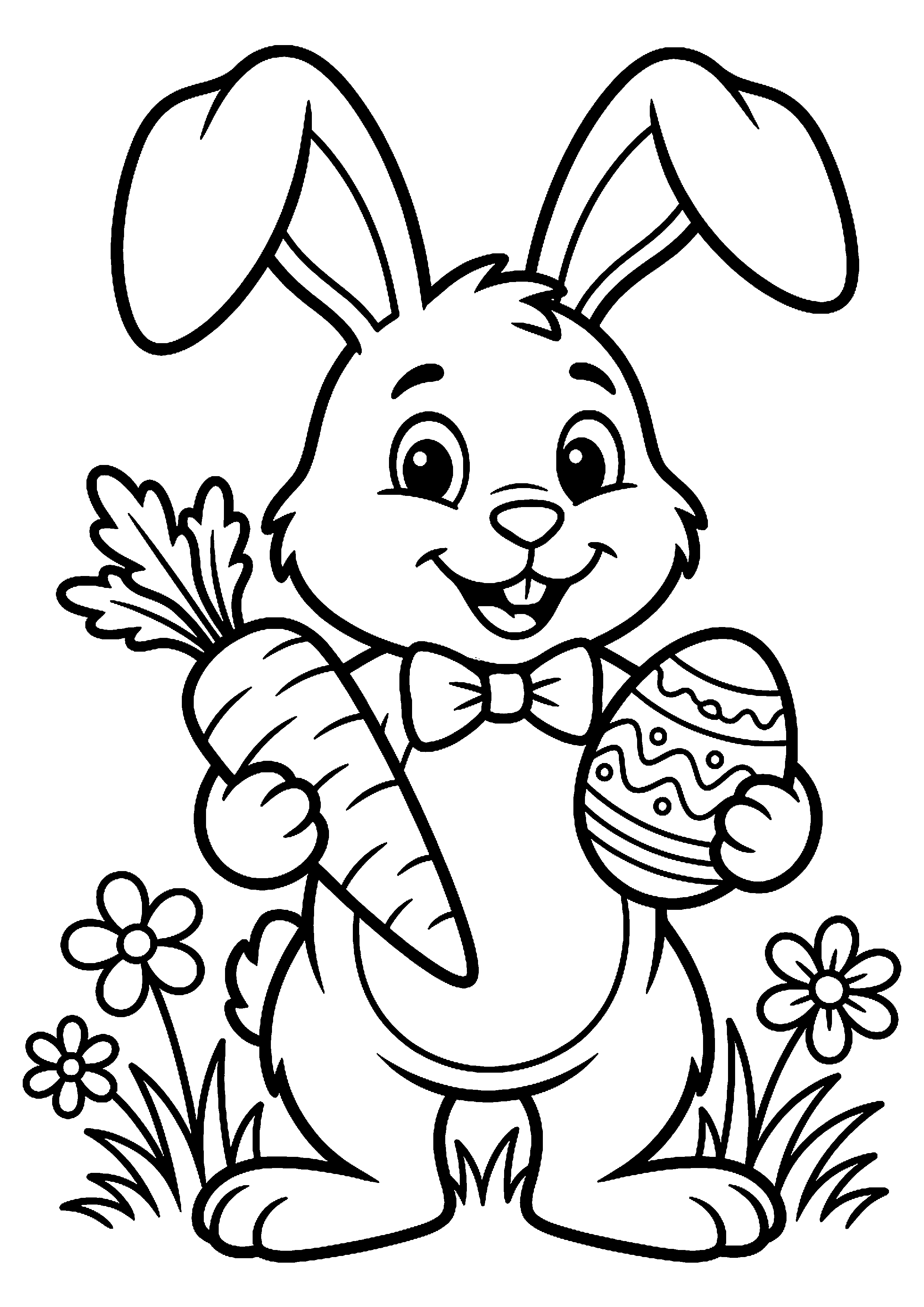 Paashaas met wortel en paasei kleurplaat — gratis kleurplaat