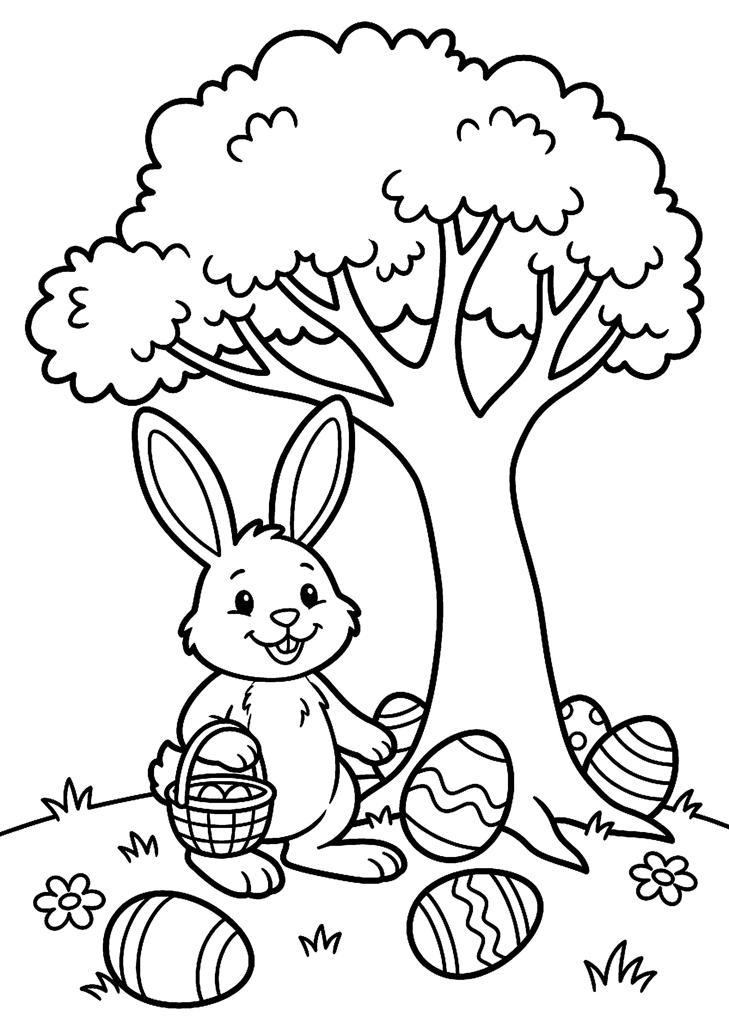 Paashaas onder boom met paaseieren kleurplaat — gratis kleurplaat