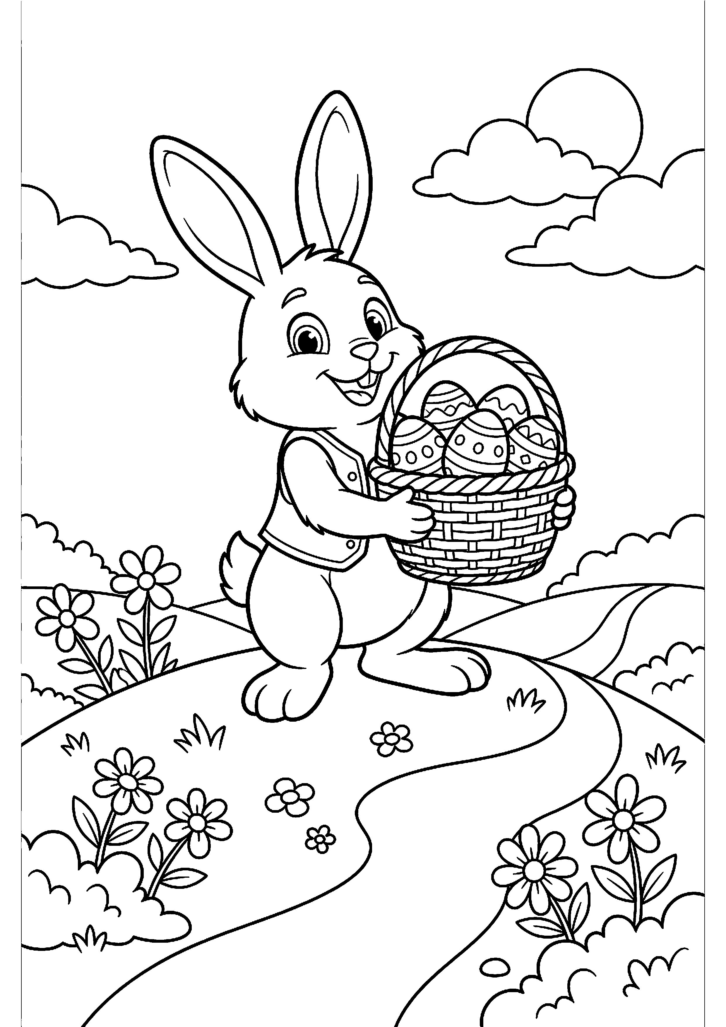 Paashaas op heuvel met mand vol eieren kleurplaat — gratis kleurplaat
