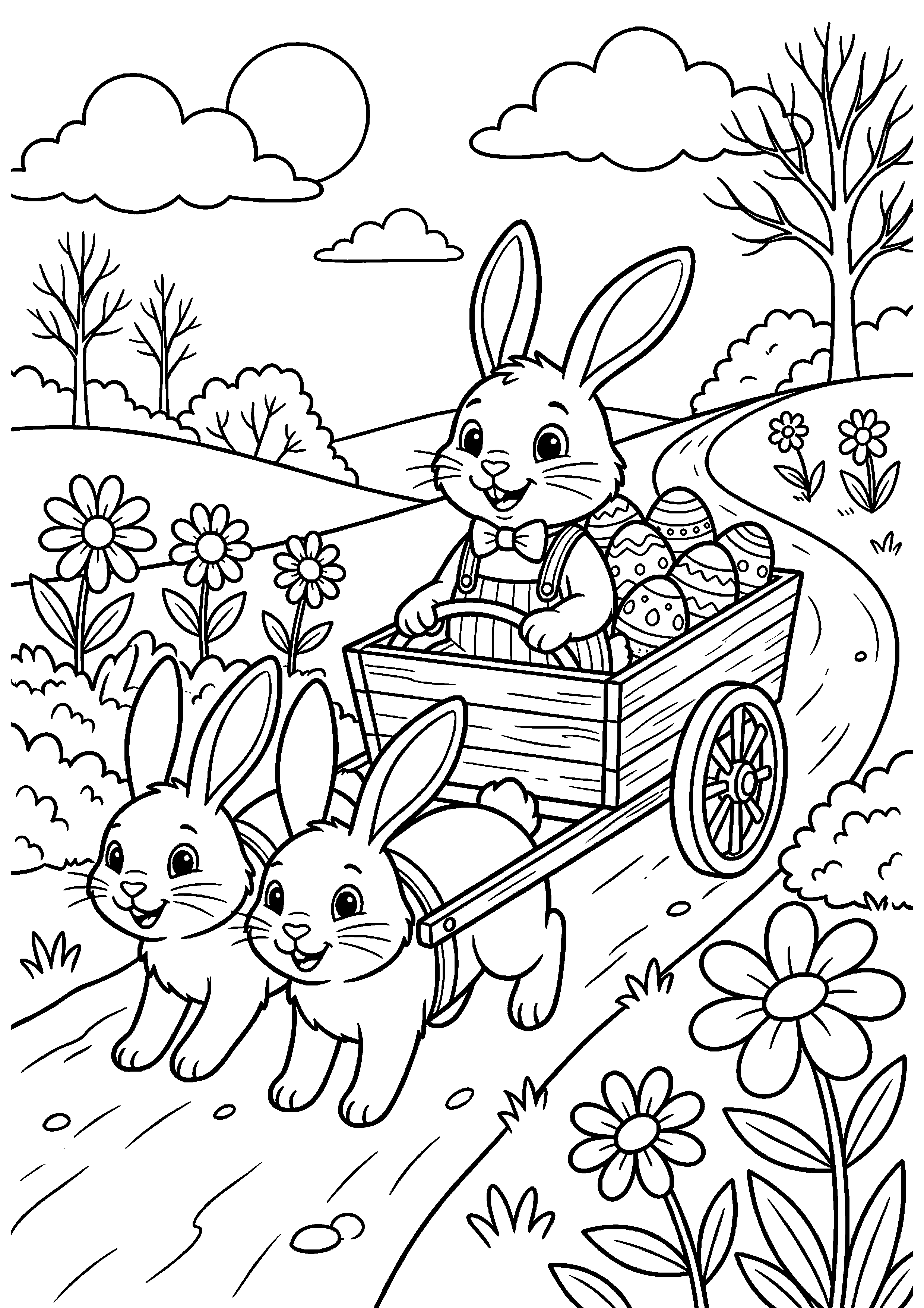 Paashaas rijdt kar met paaseieren kleurplaat — gratis kleurplaat