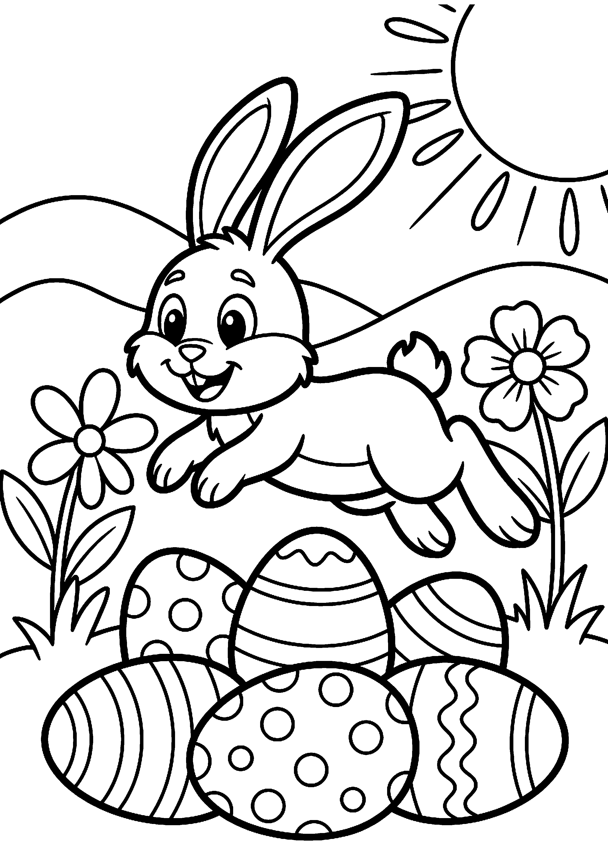 Paashaas springt over paaseieren kleurplaat — gratis kleurplaat
