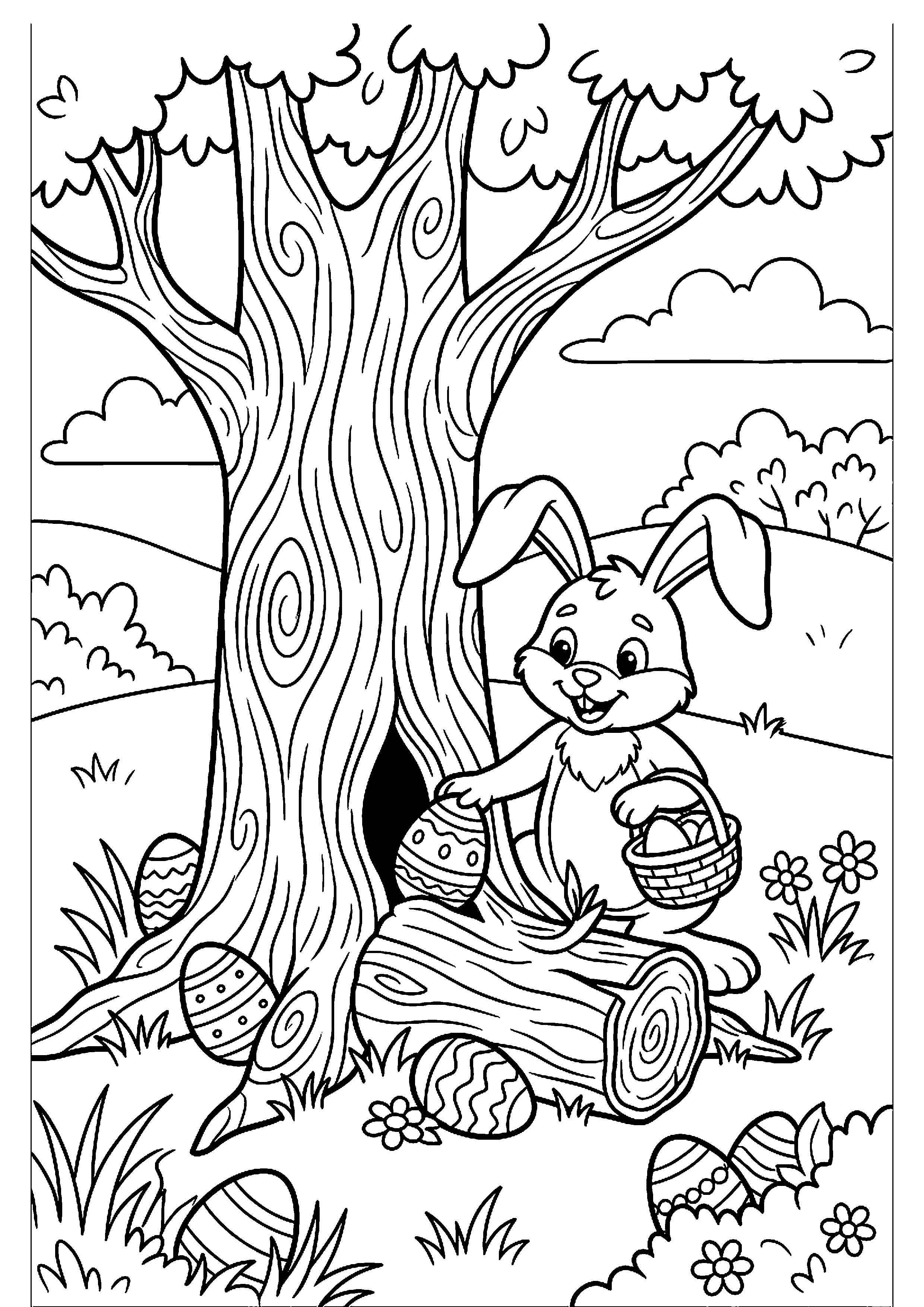 Paashaas verstopt eieren rond boom kleurplaat — gratis kleurplaat