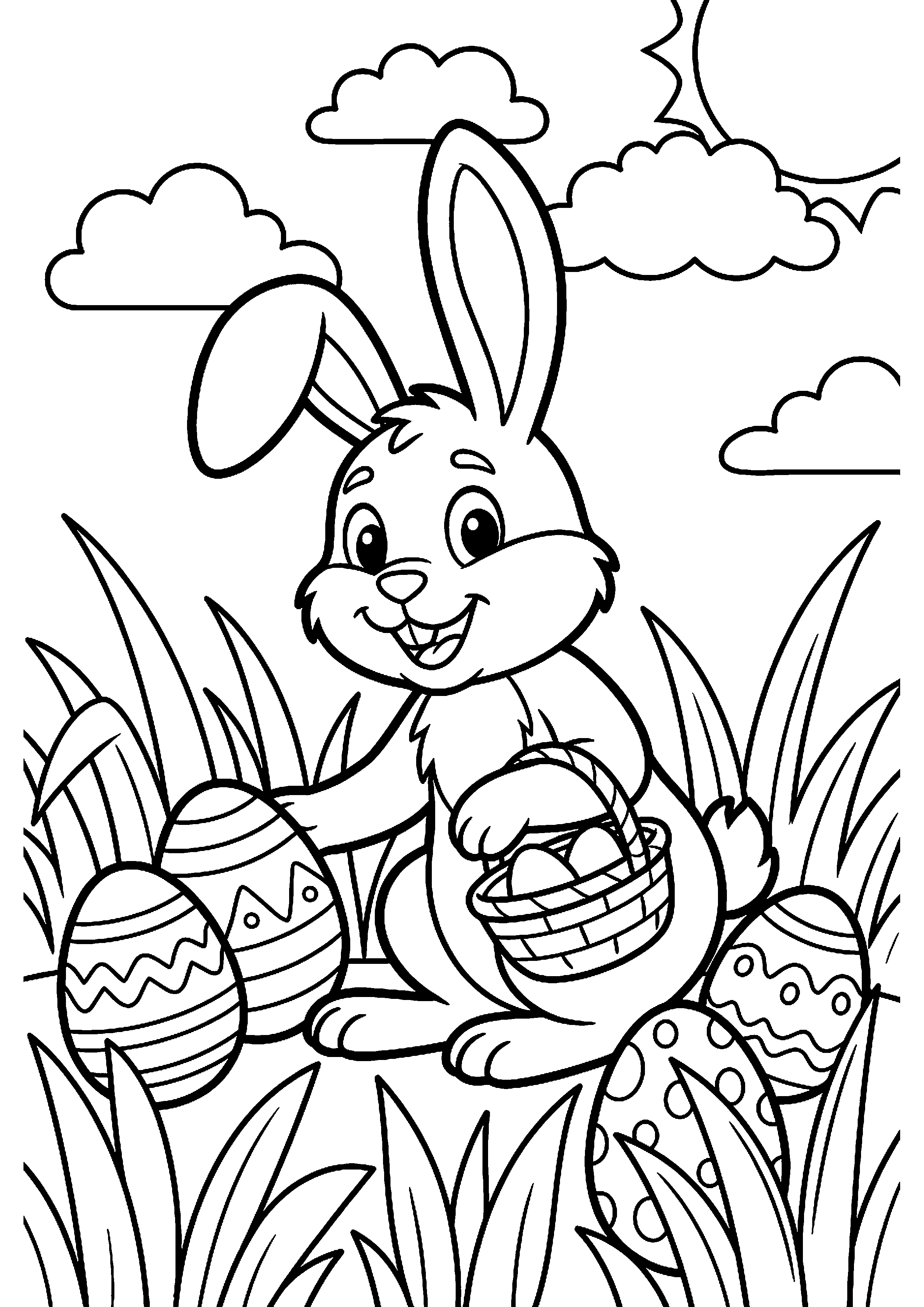 Paashaas Verstopt Paaseieren in het Gras Kleurplaat — gratis kleurplaat