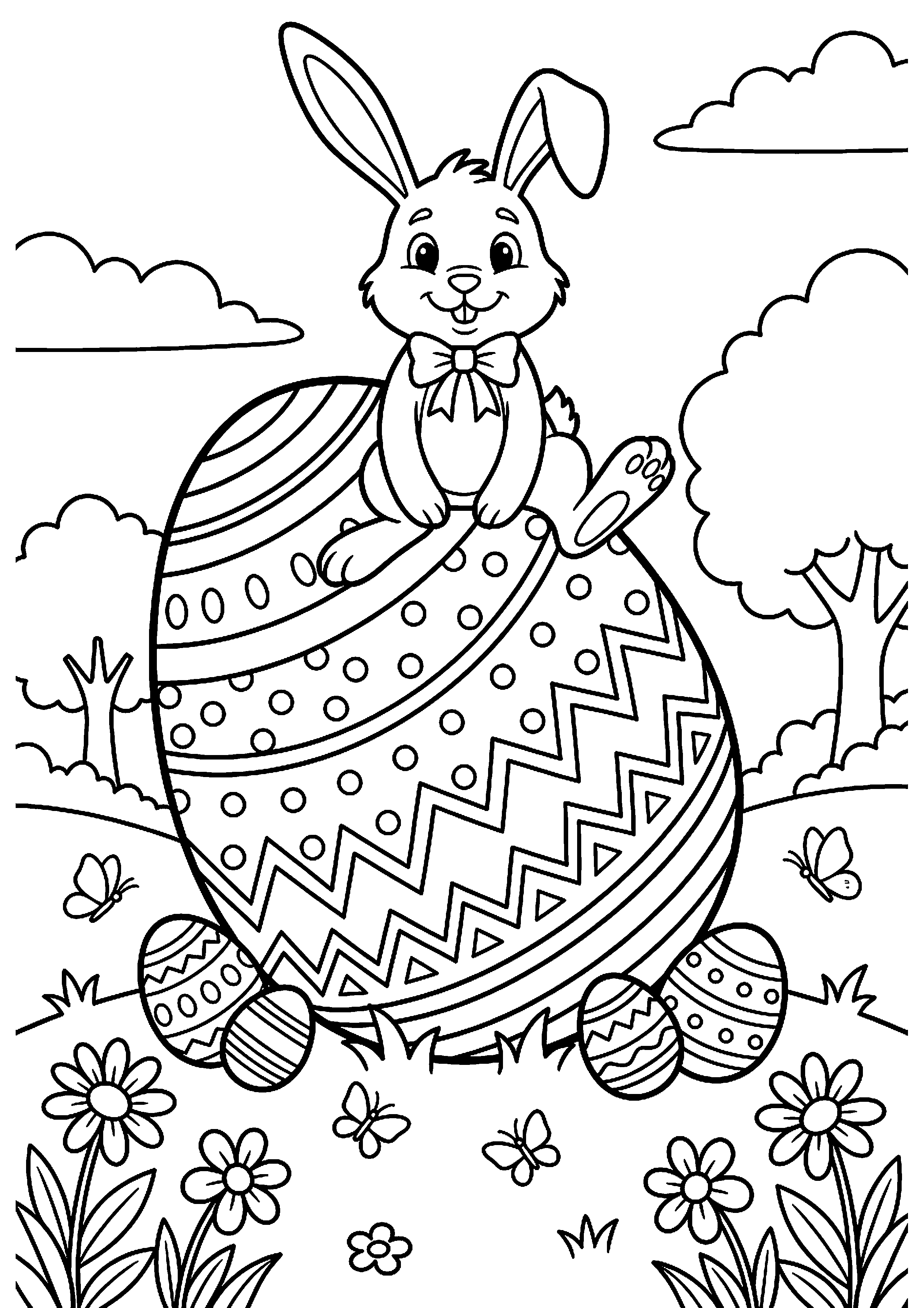 Paashaas zit op gigantisch paasei kleurplaat — gratis kleurplaat