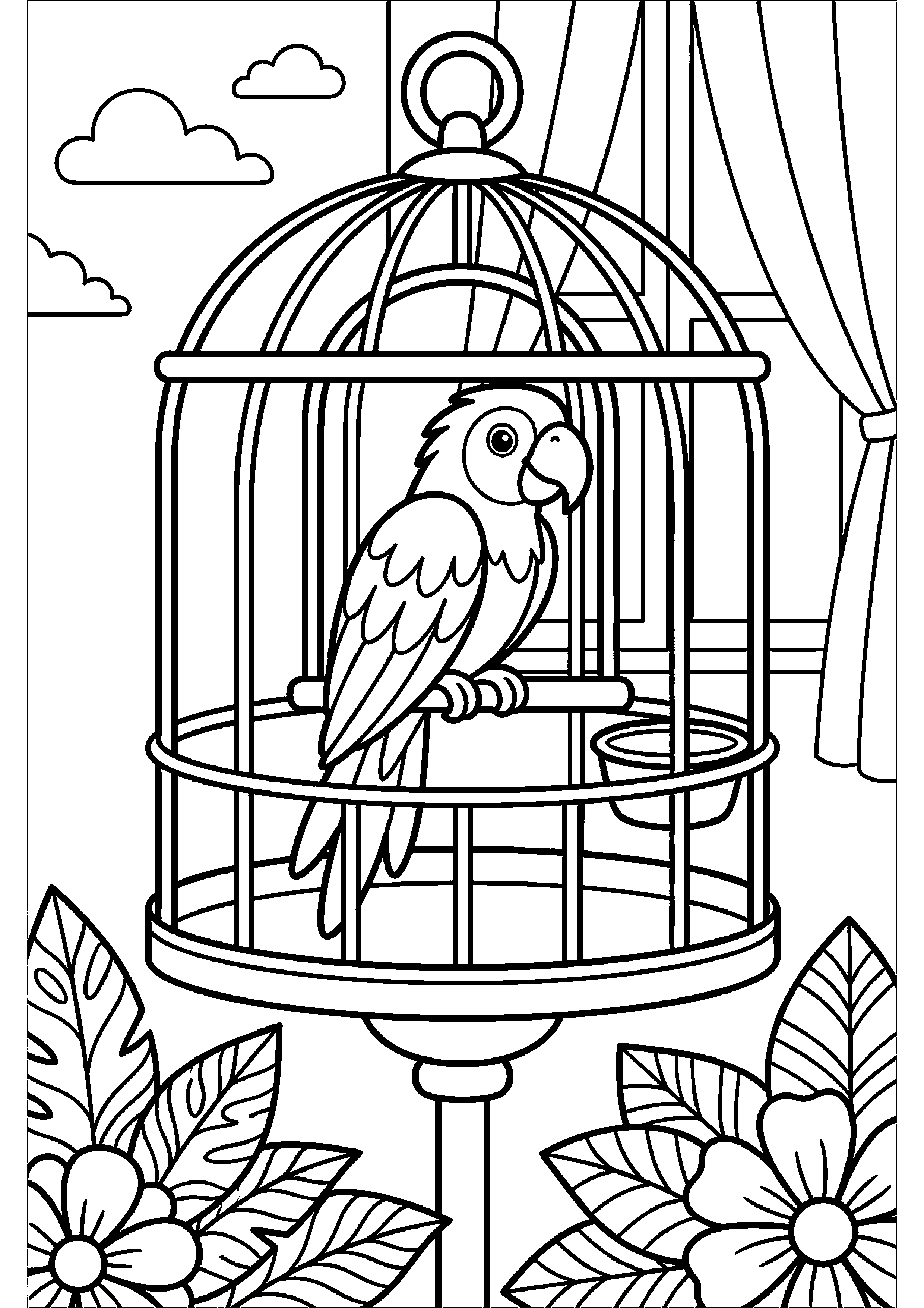Papegaai in vogelkooi kleurplaat — gratis kleurplaat