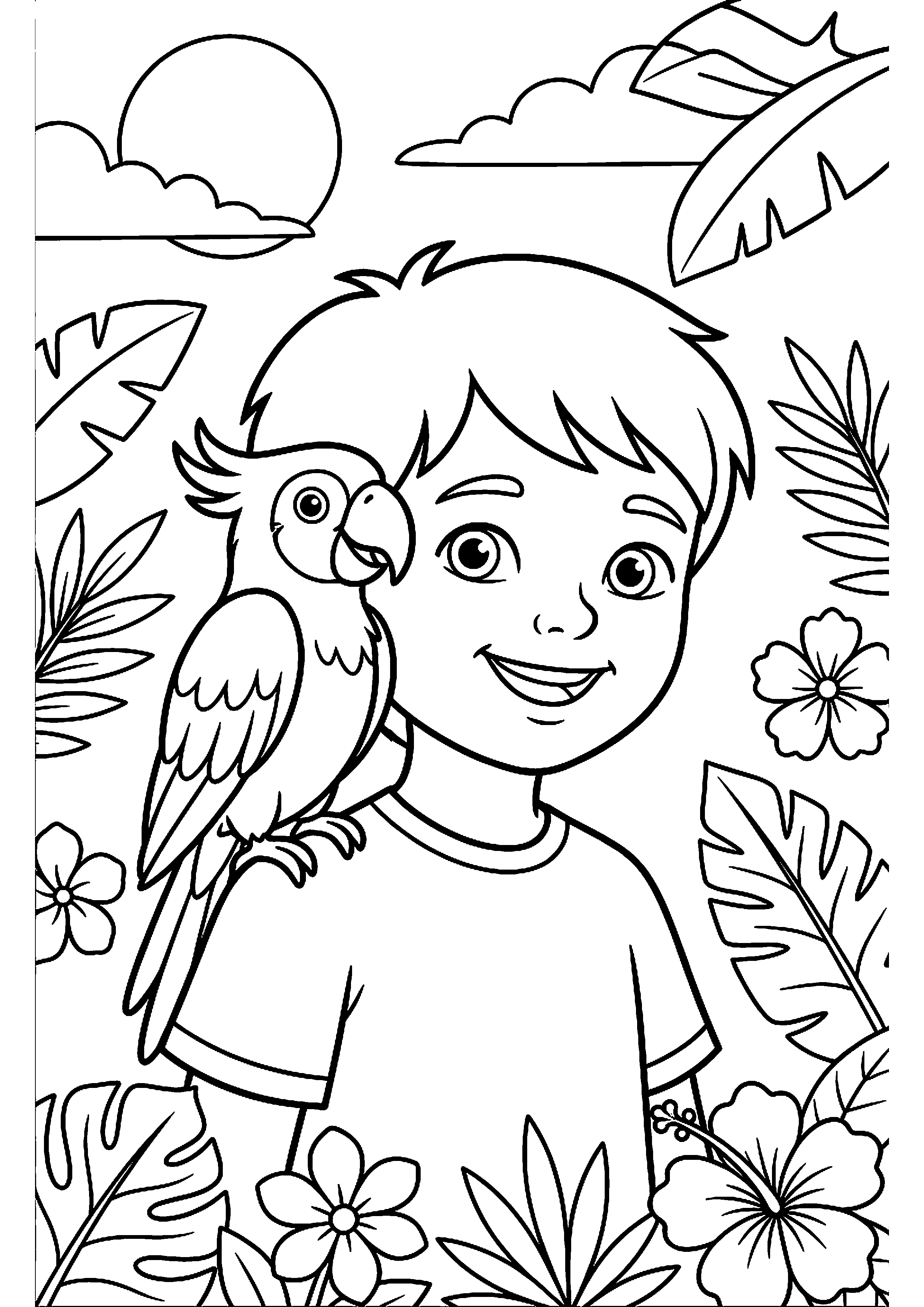 Papegaai op schouder van kind kleurplaat — gratis kleurplaat