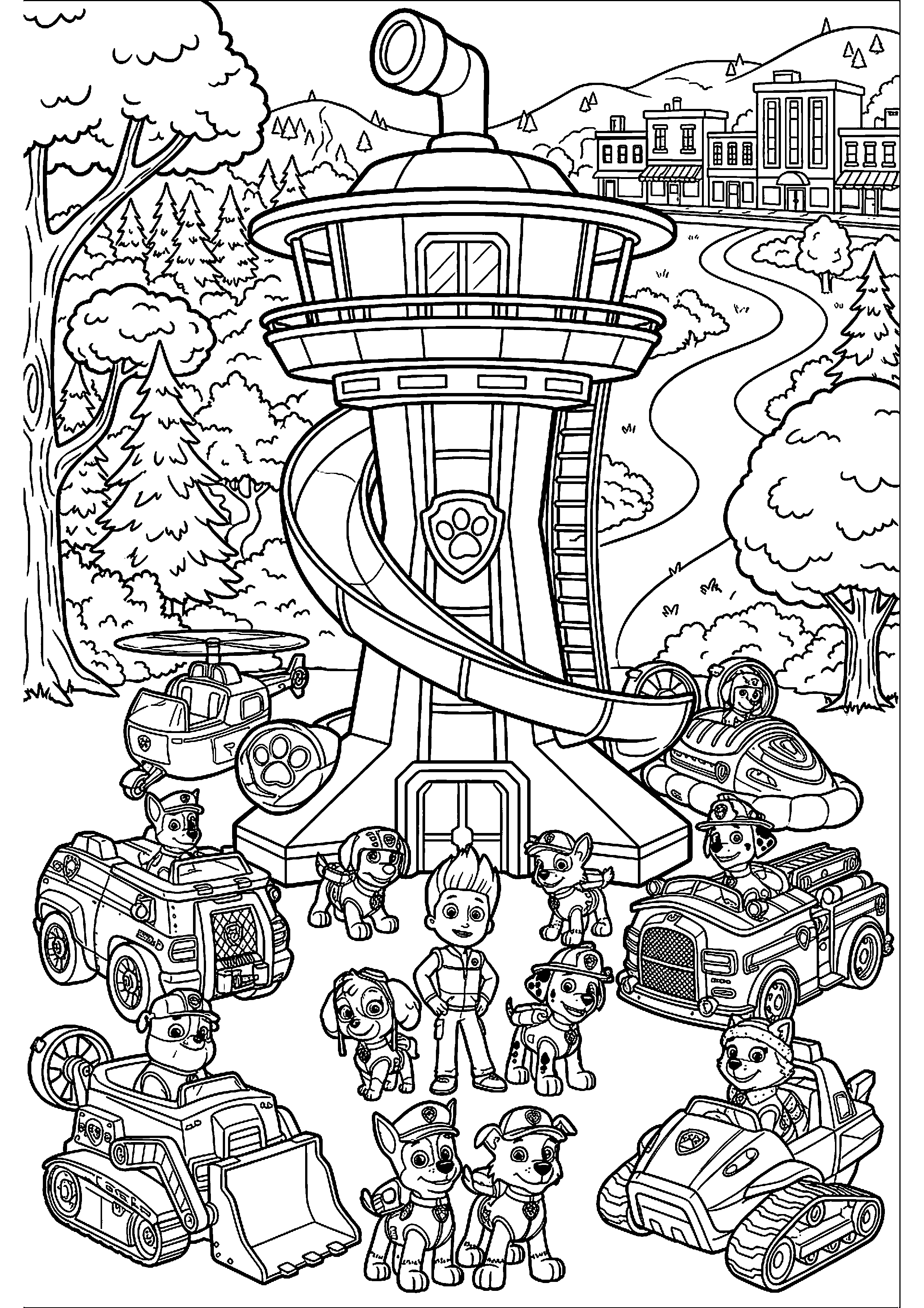 Paw patrol team bij uitkijktoren kleurplaat — gratis kleurplaat