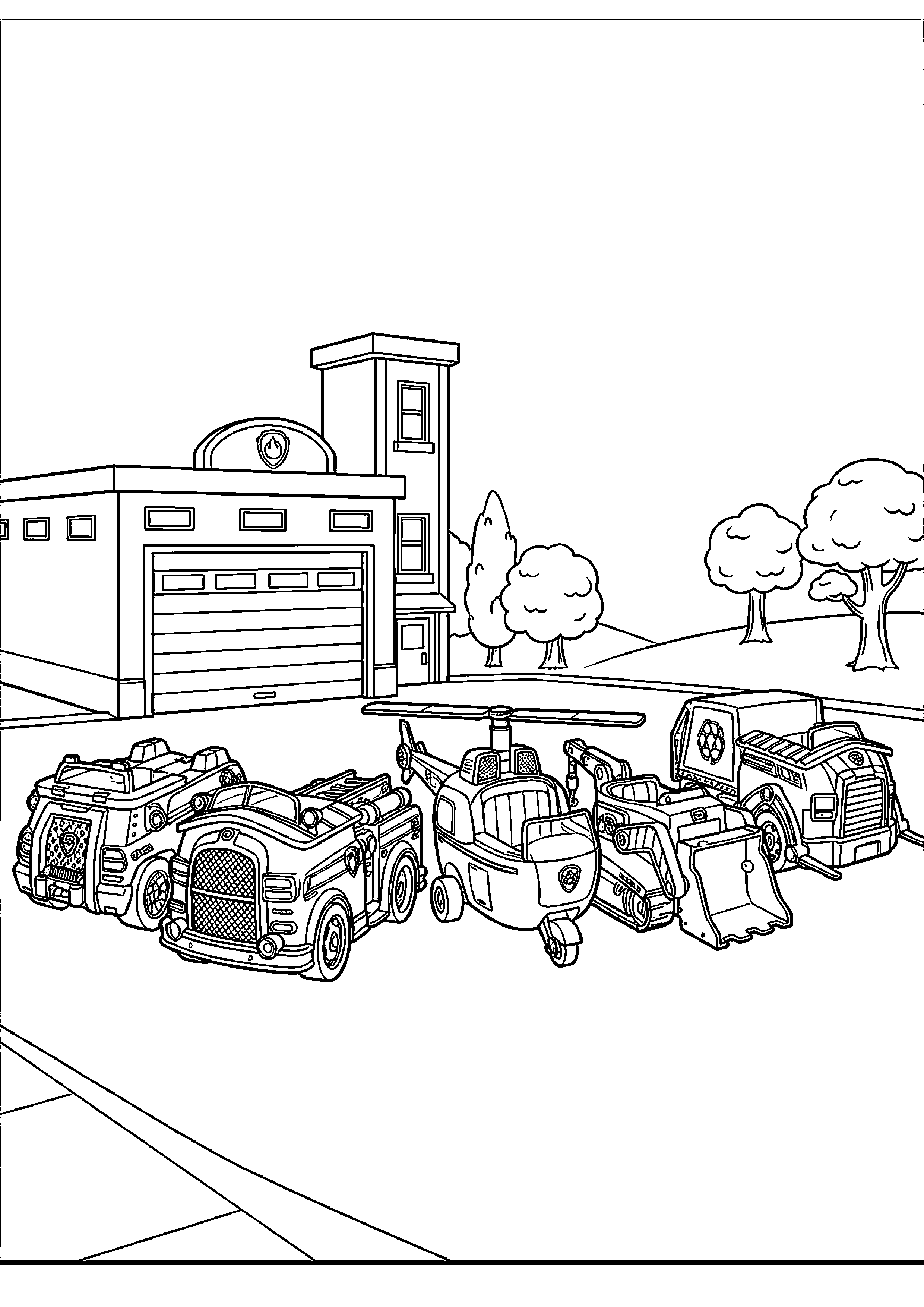 Paw patrol voertuigen op rij geparkeerd kleurplaat — gratis kleurplaat