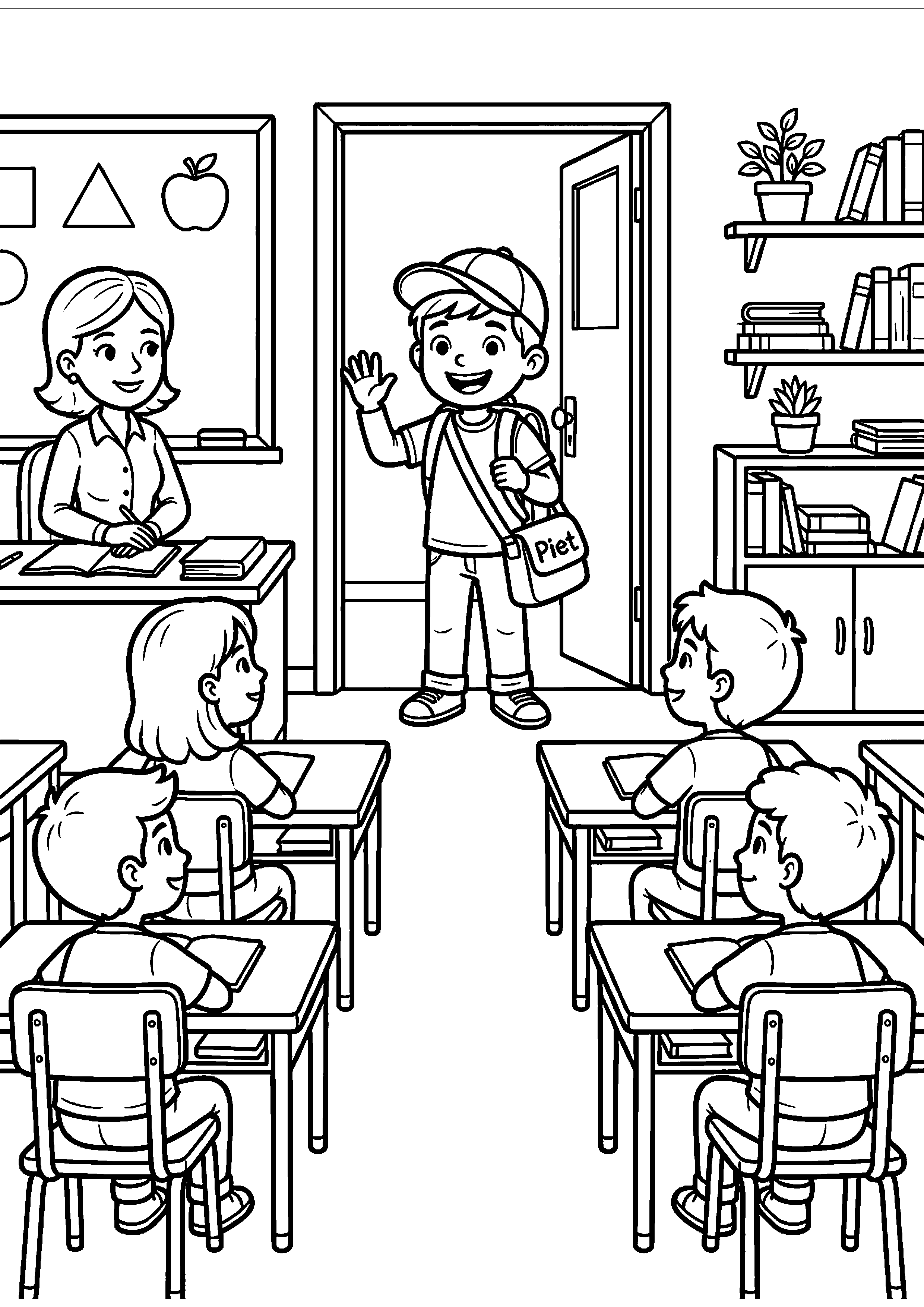 Piet komt de klas binnen kleurplaat — gratis kleurplaat